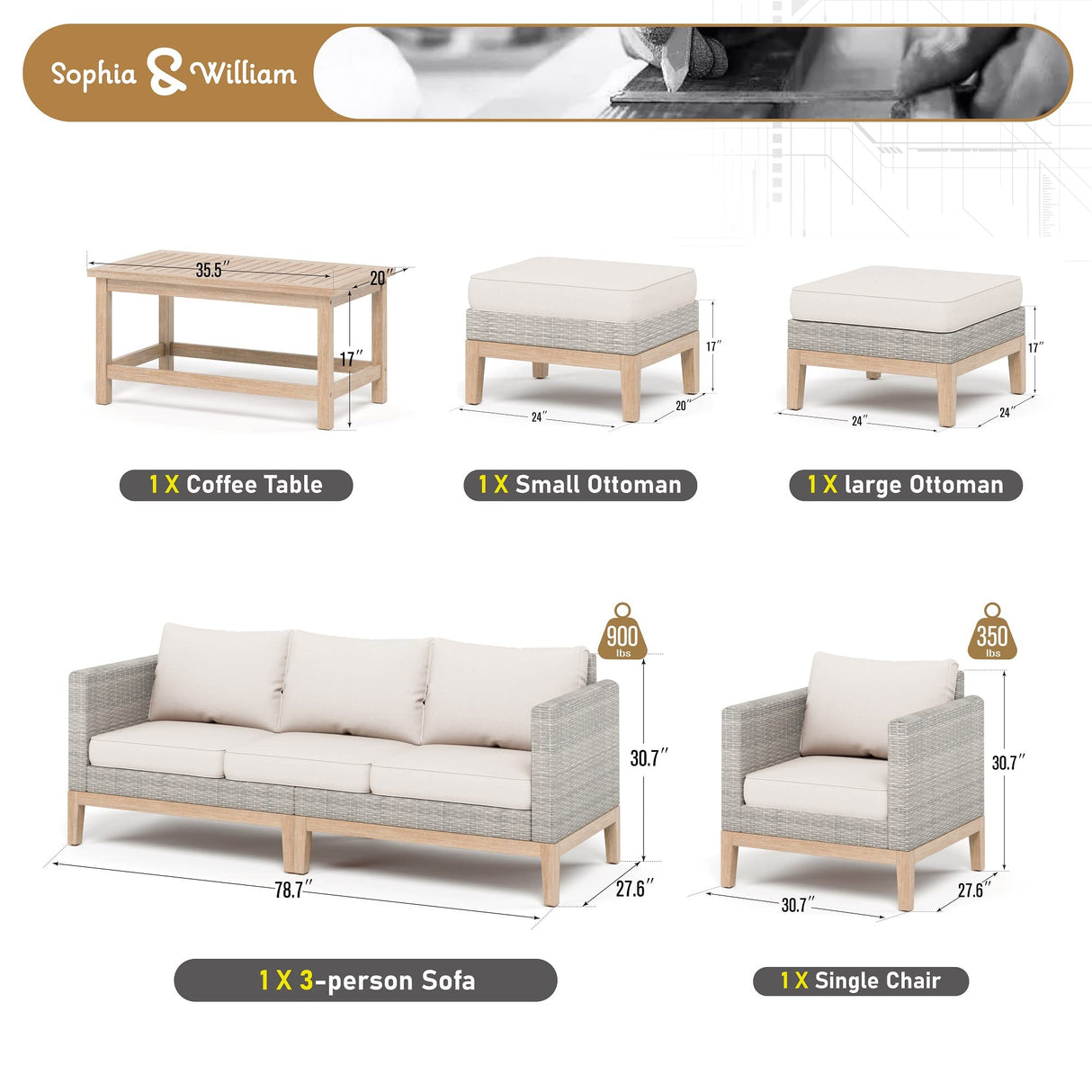 Sophia & William Outdoor Patio Furniture Sets, 5-Piece All-Weather Patio Conversation Set, High Back Wicker Rattan Setional Sofa with Large Single Sofa Chairs, Ottomans & Wooden Coffee Table (Beige) Sophia & William