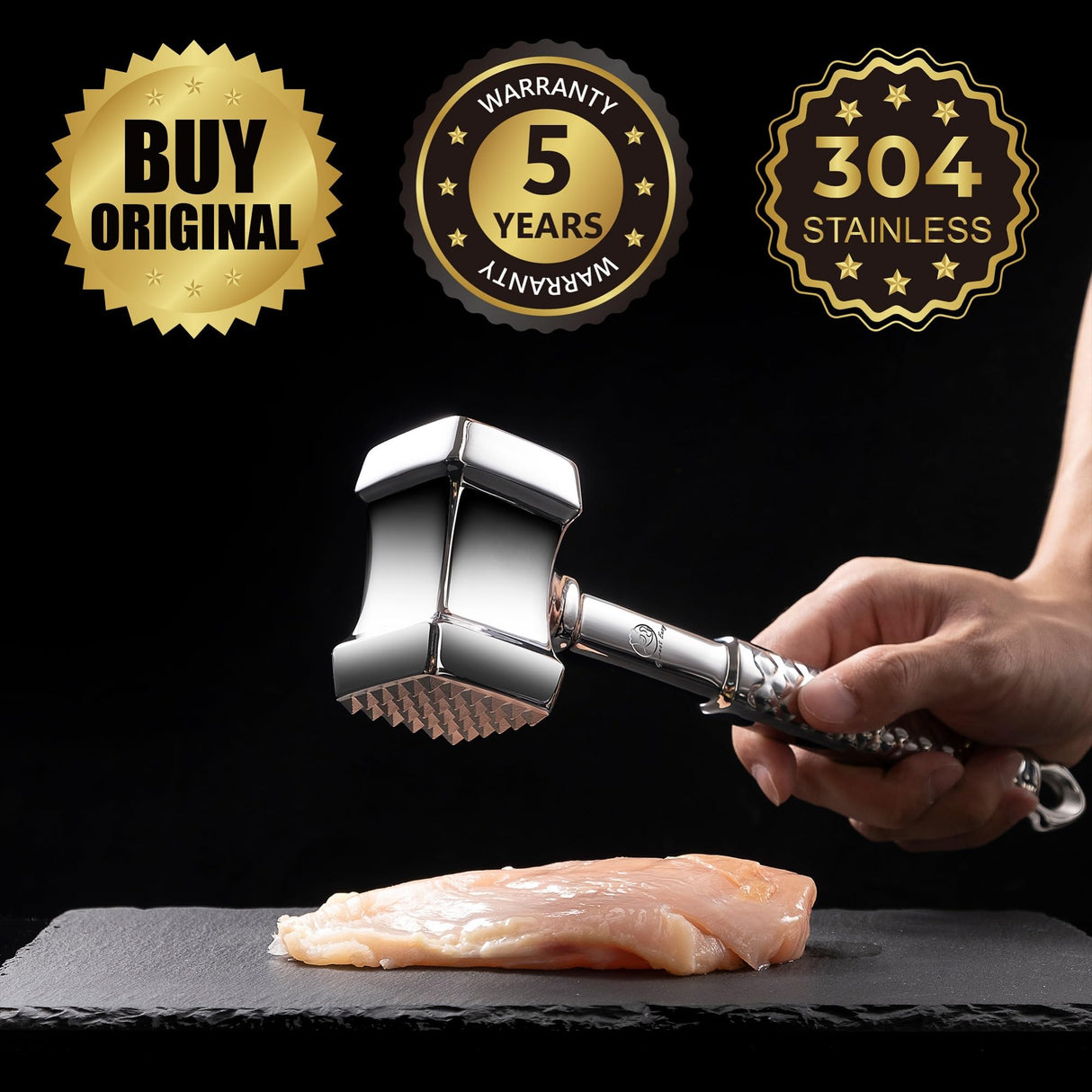 Meat Tenderizer Mallet Stainless Steel, Premium Meat Hammer Tenderizer, Kitchen Meat Mallet for Chicken, Conch, Veal Cutlets, Beef & Steak, Meat Pounder Flattener, Non-Slip Grip with 5 years Warranty Gourmet Easy