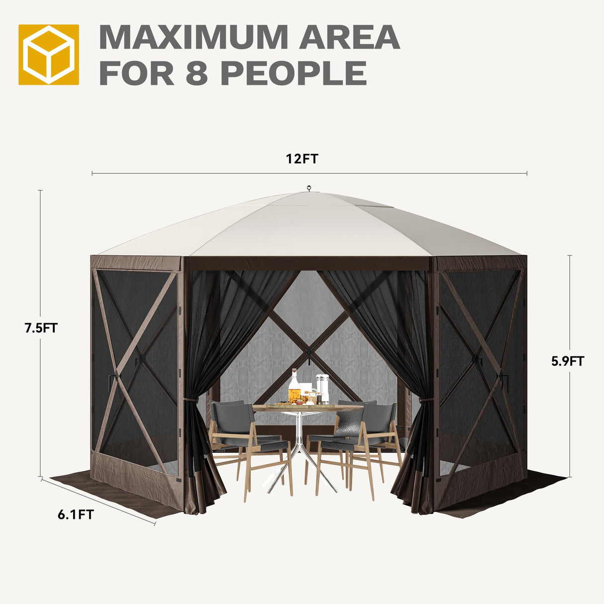 DWVO Gazebo Screen Tent, 12x12ft Instant Outdoor Portable Camping Screen House Canopy 6 Sided w/Mesh Windows & Carry Bag for Patio, Camping, Backyard, Brown DWVO