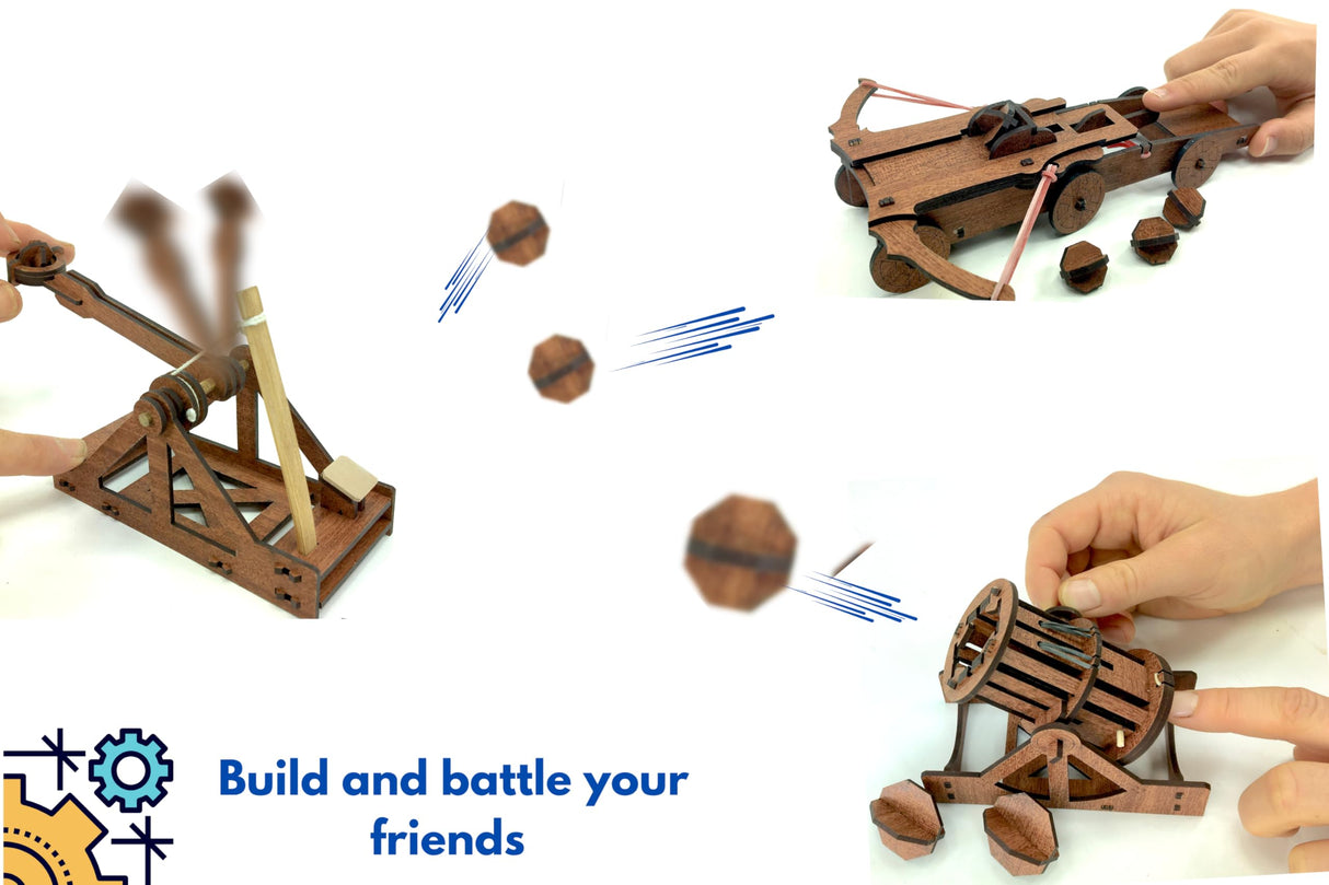 PATHFINDERS Leonardo Da Vinci weapons mini model kits catapult crossbow bombard set of 3 Engineering kits Educational Toys for Kids Science kit for Kids Age 8-10 10-12 stem Projects Wood Building Kits Pathfinders