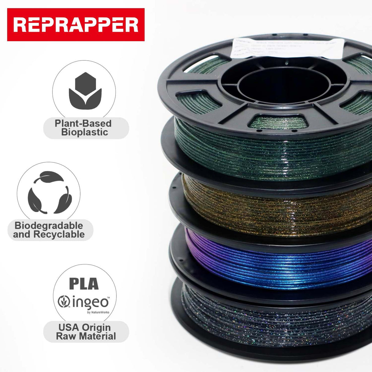RepRapper PLA Filament, Multicolor Shiny 3D Printer Filament, Sparkle Galaxy Silk PLA1.75MM for 3D Printer, Glow in The Dark Glitter Laser Series 3D Printing Filament, 250g*4 Pack RepRapper