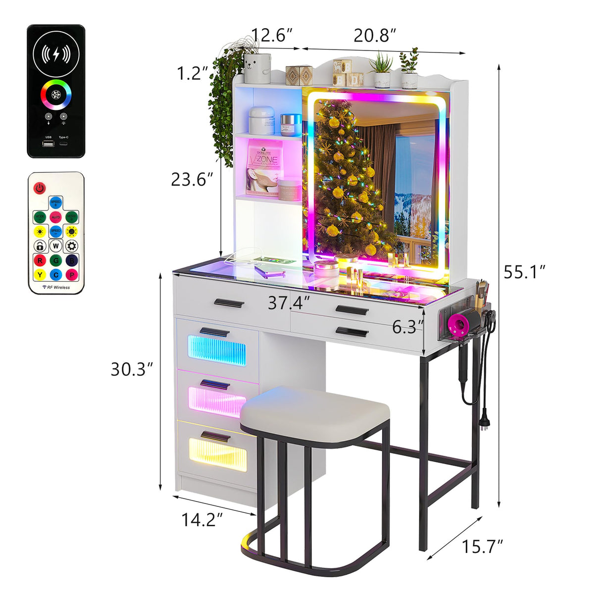 HENBC Vanity Desk with Sliding Mirror and Glass Desktop, LED Vanity Mirror with RGB Lights Desk and Chair, Dressers Vanity Table Set with Charging Station/Makeup Organizer/6 Drawers (White) HNEBC