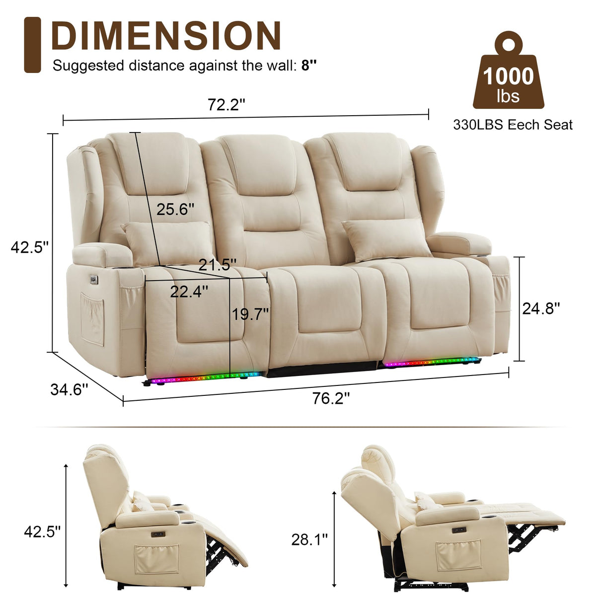 DRMBOOK RV Power Loveseat Recliner Sofa, Leathaire Fabric 3-Seater Wall Hugger Reclining Sofa, Home Theater Seating Chair with Cup Holders, 3 Person Couch RV Furniture for Living Room, Beige DRMBOOK