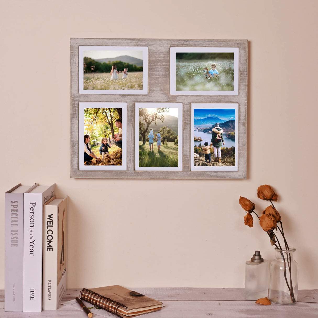 MONT PLEASANT Farmhouse Picture Frame 5X7 Rustic Photos Frame 4X6 For Five Photos with Mat Wood Collage Frame for Wall Mounting or Tabletop Display MONT PLEASANT