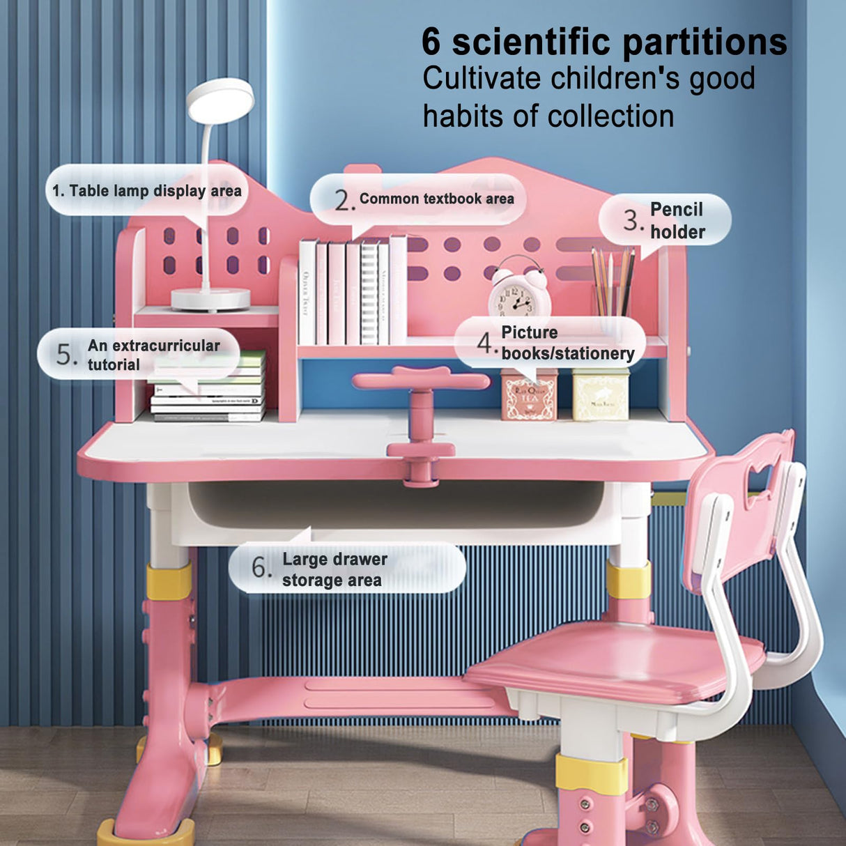 ZTGD Kids Adjustable Study Desk & Chair Set w/Storage,Drawers,Bookshelf,Child Toddler Writing Homework Table,Little Girl Work Computer Desk,Princess Preschool Desk,Escritorio Mesas para Niña (Pink A) ZTGD
