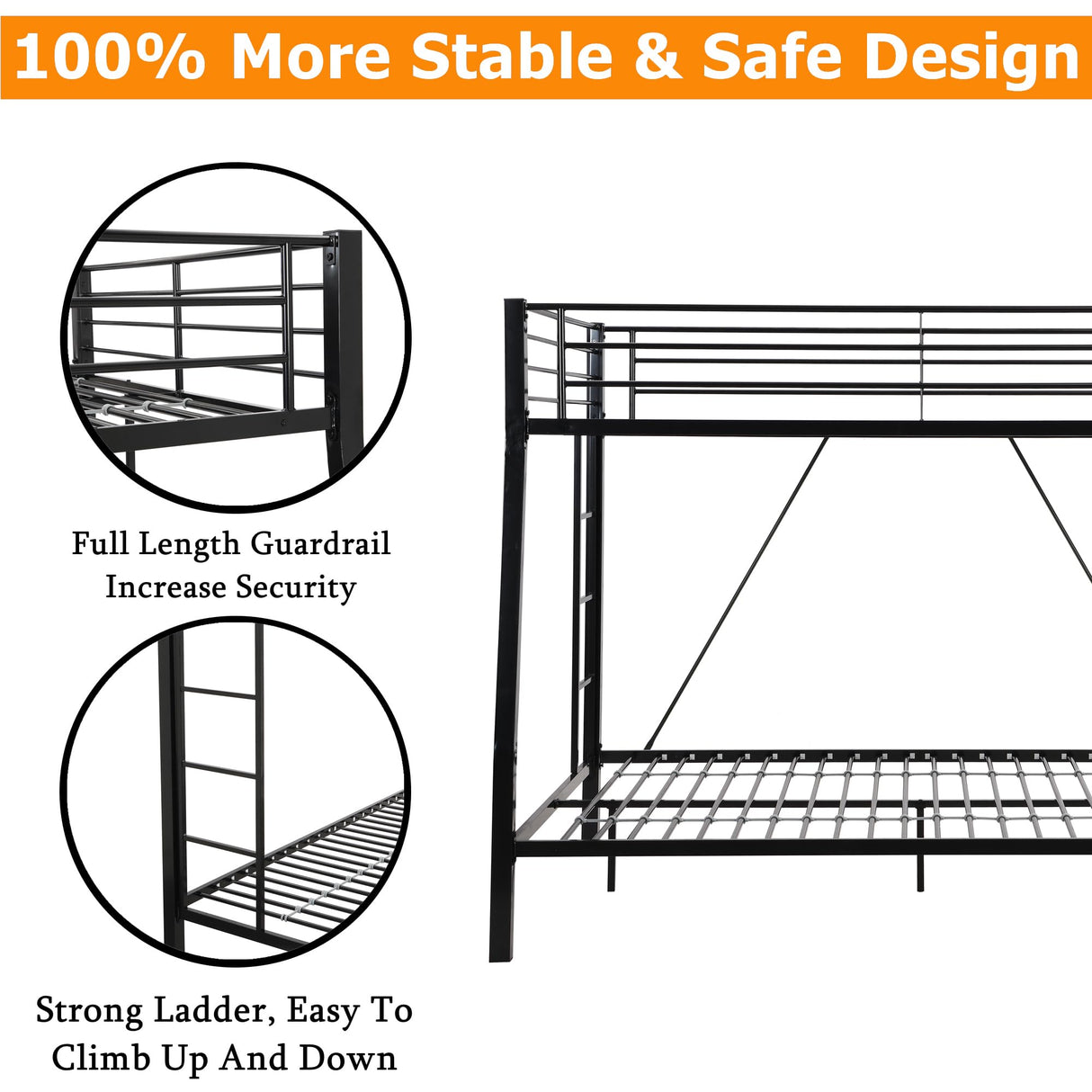 ZMIZAKOY Metal Full XL Over Queen Bunk Bed for Adults, Heavy Duty Bunk Bed Full Over Queen with 2 Ladders & Safety Guardrail for Kids and Adults, Easy Assemble Queen Size Bunk Beds (Black) ZMIZAKOY