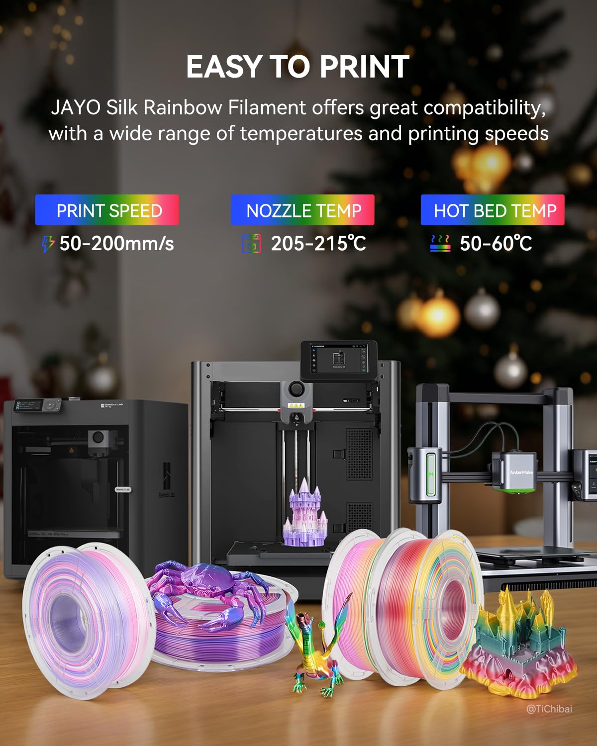 JAYO Silk Rainbow PLA+ Filament 1.75mm, Shiny Multicolor 3D Printer Filament, Fast Color Changes Every 8 Meters in Pink-Yellow-Blue-Green, 1.1kg/2.4lbs JAYO