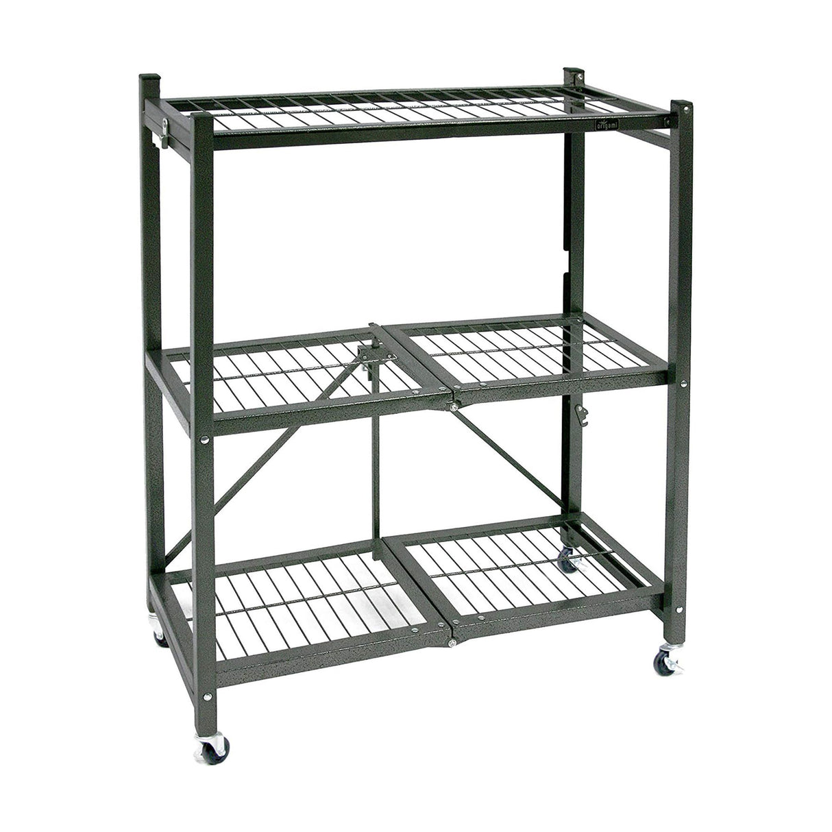 Origami 3 Tier Folding Shelves, Storage Shelving Rack Unit With Wheels, Pewter Origami