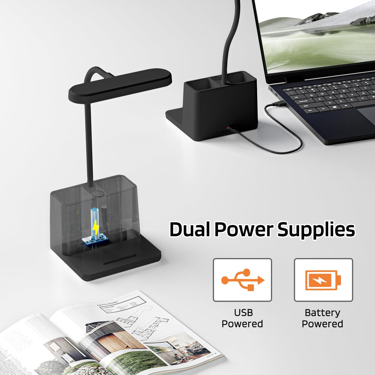 AXX Black LED Desk Lamp for Home Office Bedroom, Battery Operated Table Light for Computer Desktop, Small, Cute, Dimmable, Rechargeable, Flexible Gooseneck, Pen Holder, Phone Mount, Touch Control AXX