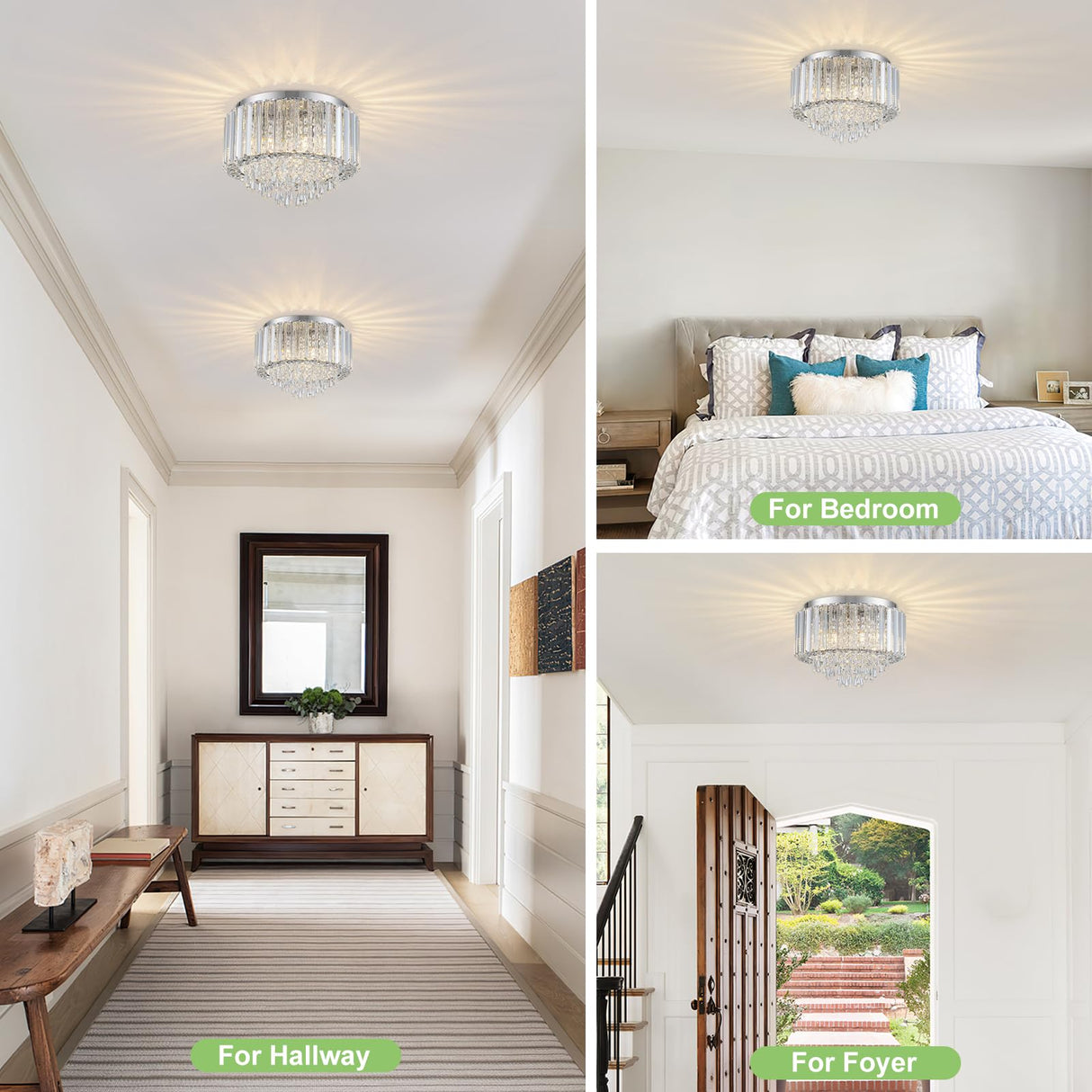 HOPGGIE 11.8 Inch Crystal Chandelier Modern Chandelier Light Mini Chandelier Semi Flush Mount Ceiling Light Fixture Small Chandelier for Bedroom Hallway Kitchen Foyer Closet (Chrome) HOPGGIE