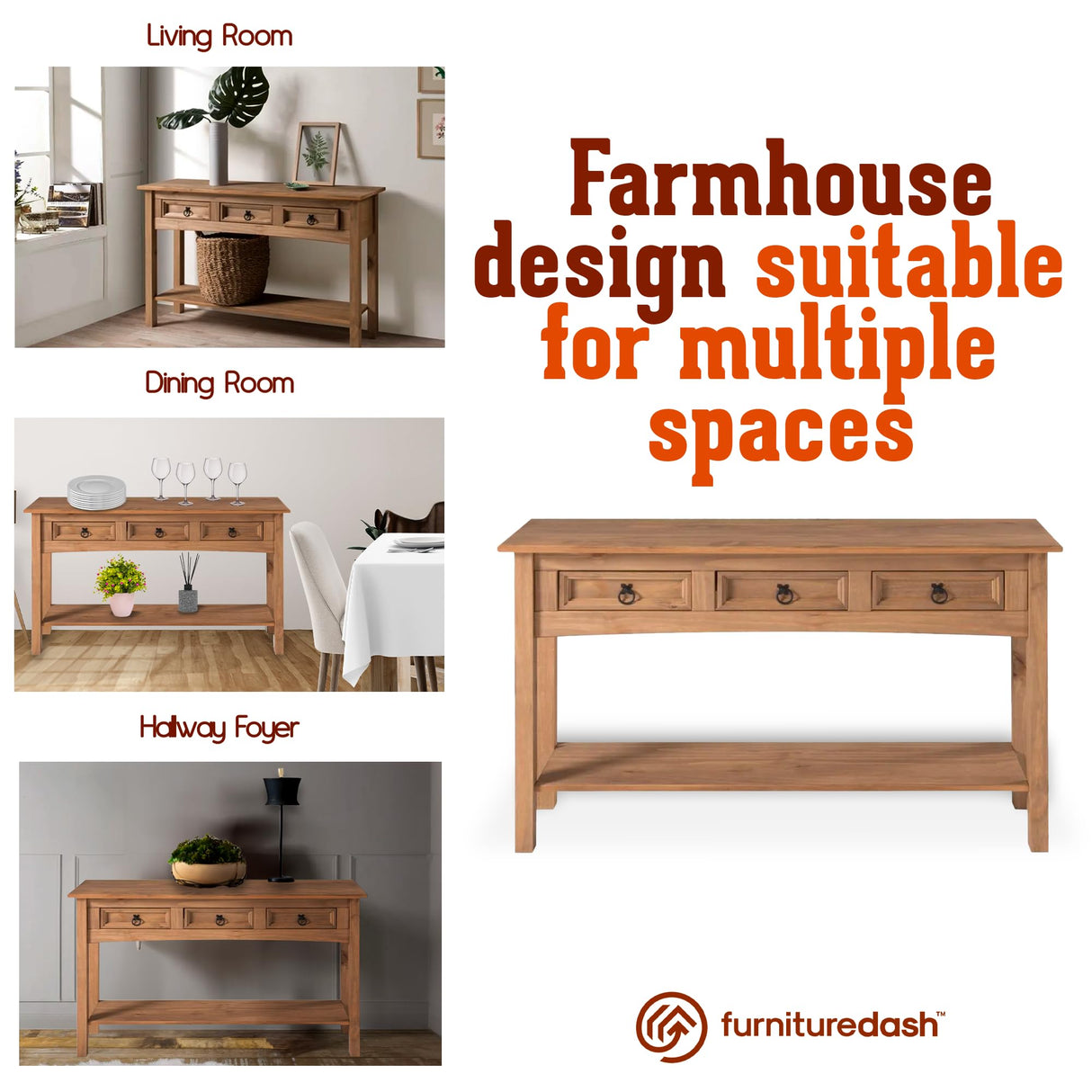 Furniture Dash Solid Wood Console Table with 3 Drawers 47.9" W, 12.6" D, 28.8" H - Farmhouse Entryway Table with Storage Shelf, Farmhouse Furniture for Living Room, Hallway Foyer - Corona Collection Furniture Dash