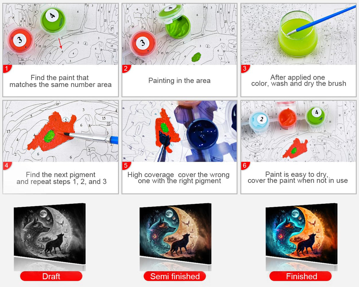 Wolf Oil Paint by Numbers Kit for Adults Yin Yang Orange Blue Animals Paint by Numbers Abstract Colorful Wolf Paint by Numbers Kits on Canvas DIY Paint by Numbers for Adults Beginner 16x20inch Rebotipy