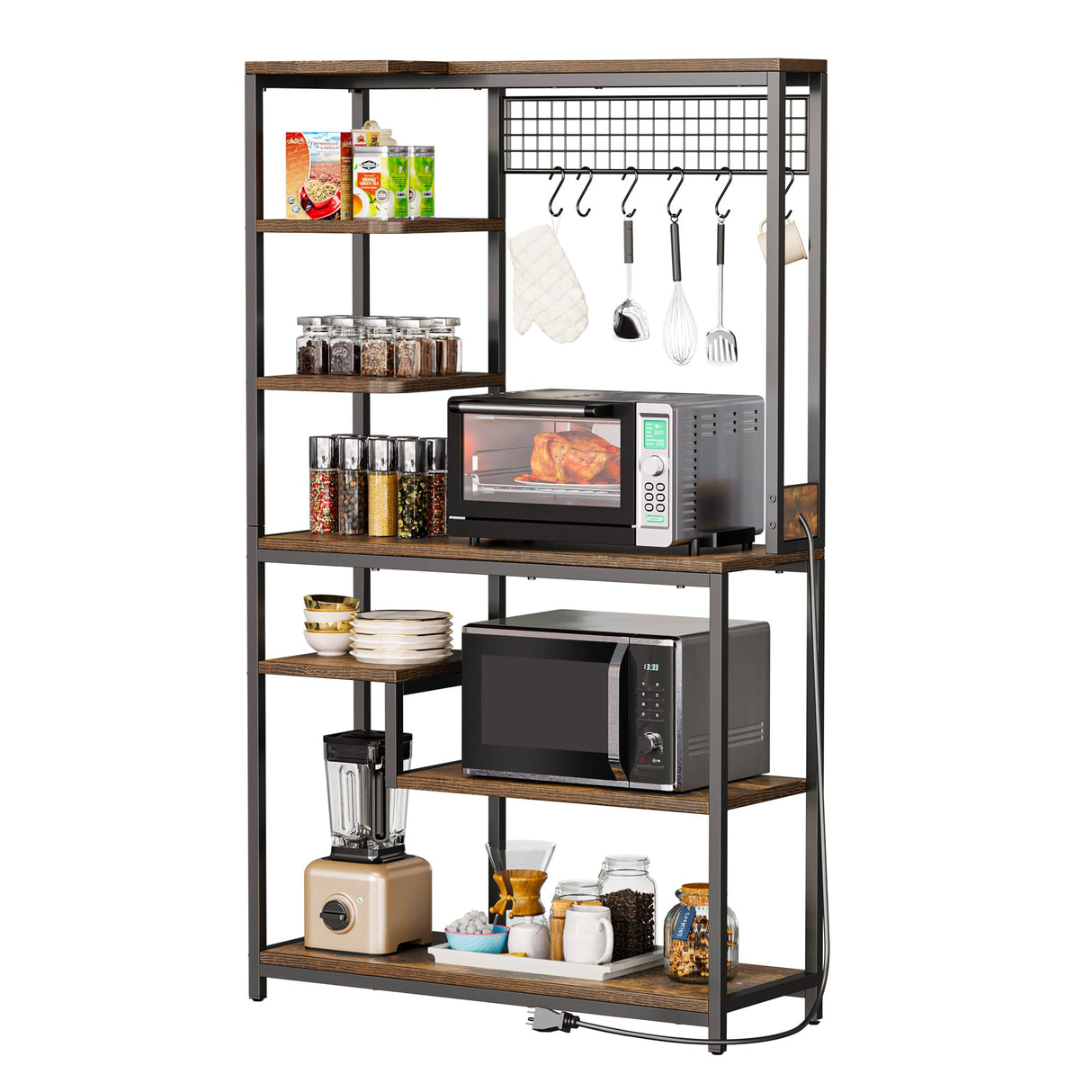 YITAHOME 39 Inch Rustic Brown Kitchen Microwave Stand and Bakers Rack with Power Outlet and 6 Hooks YITAHOME