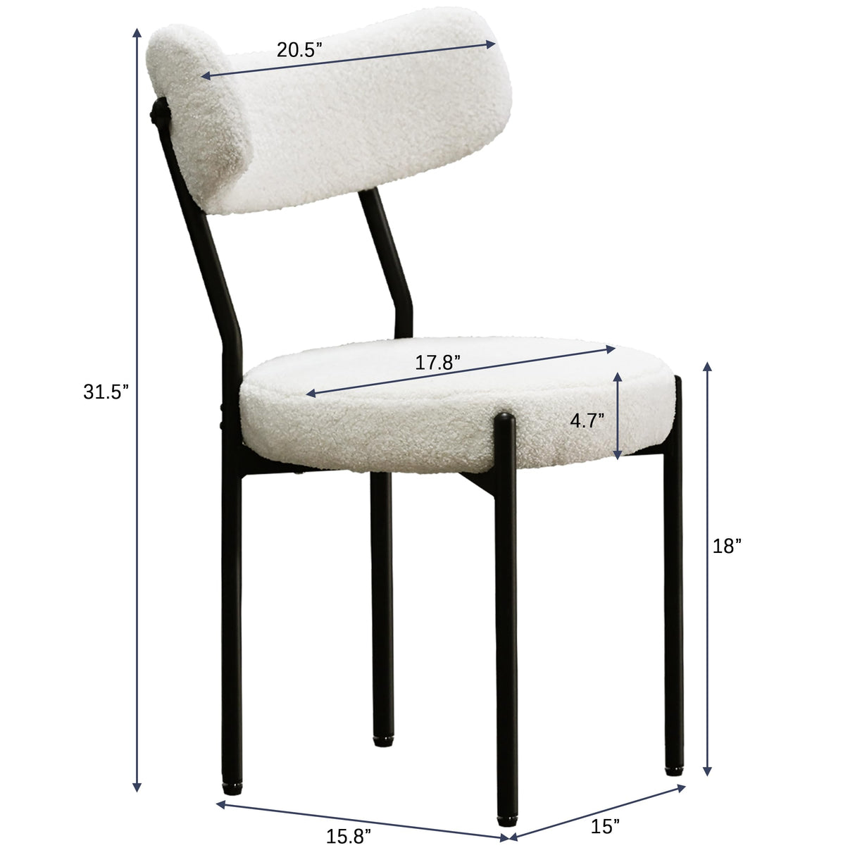 Orweiin Boucle Dining Chairs Set of 4, Upholstered Dining Chairs with Curved Backrest, Round Modern Dining Chair with Black Metal Legs for Dining Room, Vanity, White Orweiin