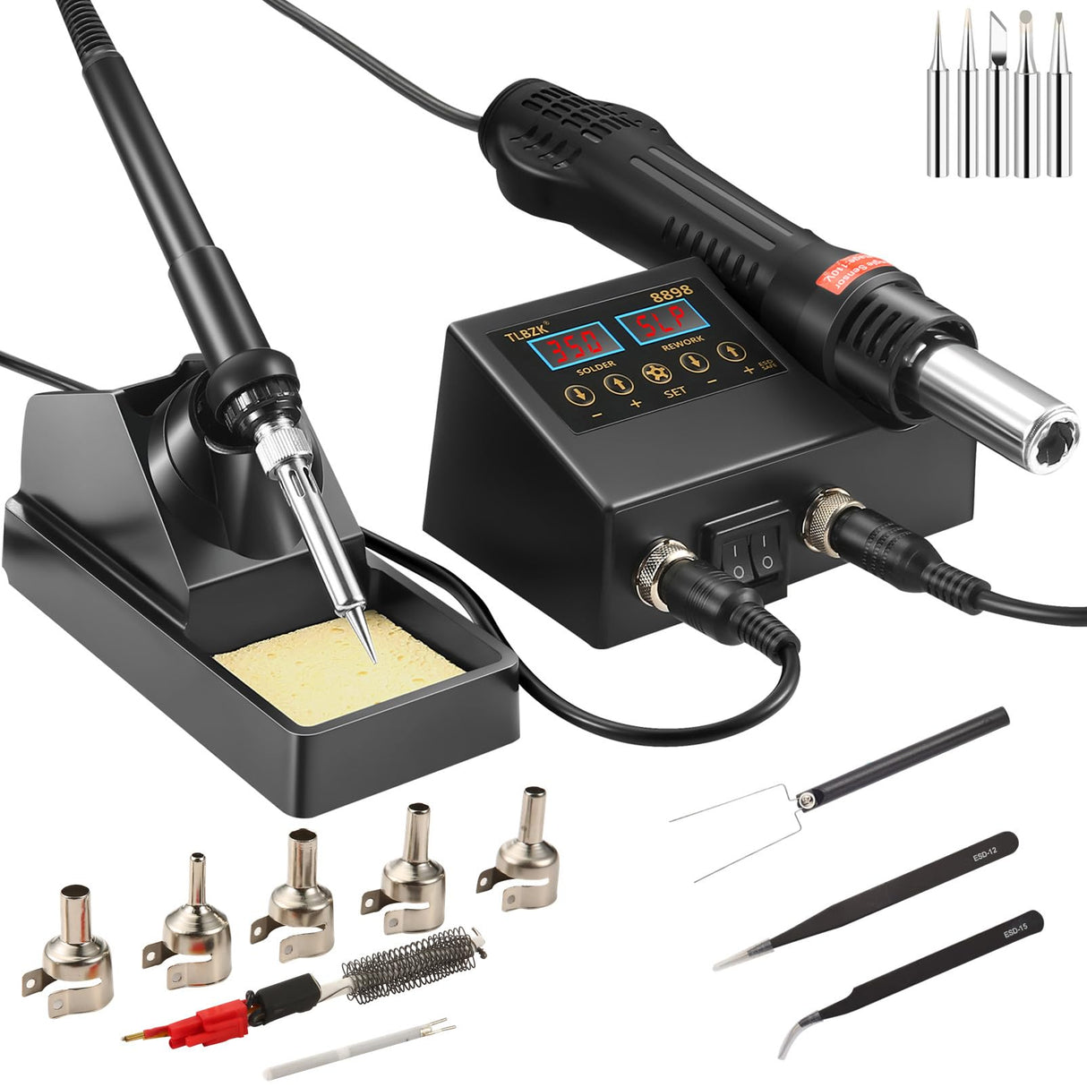 TLBZK Rework Soldering Station, 2 in 1 SMD Hot Air Solder Station and Soldering Iron Kit Heat Gun with Soldering Tips, Hot Air Nozzles, Tweezers TLBZK
