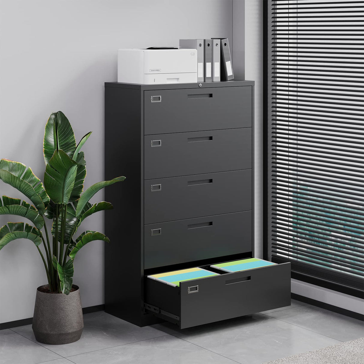 Letaya 5 Drawer File Cabinet with Lock,Metal Lateral Filing Cabinets for Home Office Hanging Files Letter/Legal/F4/A4 Size(Black-Requires Installation) Letaya