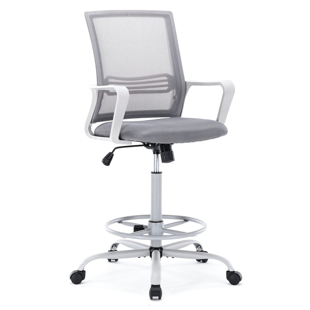 AFO Tall Office Drafting Chair with Ergonomic Lumbar Support, Armrests and Adjustable Foot Ring Breathable Mesh, Comfortable Padded Seat Cushion, for Standing Desk, Grey 18.5D x 18.9W x 45.47H Inch AFO