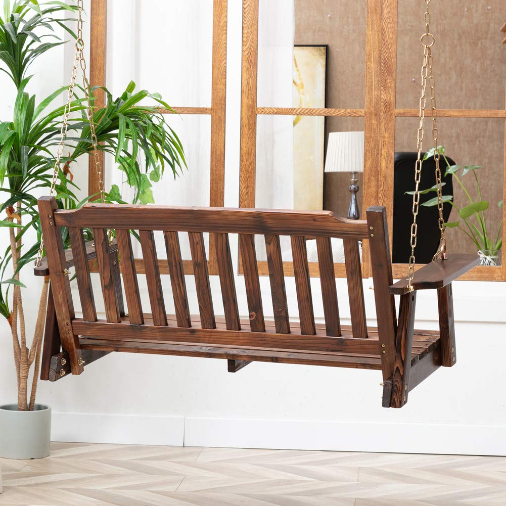 Anraja Wooden Porch Swing 2-Seater, Bench Swing with Hanging Chains, Heavy Duty 800 LBS, for Outdoor Patio Garden Yard,4 Ft,Brown Anraja