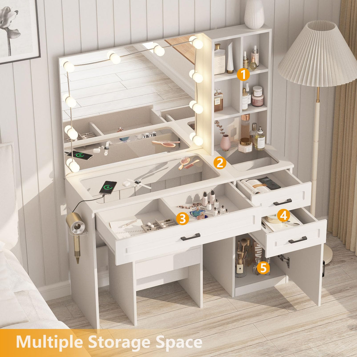 Fameill Vanity Desk with Lighted Mirror & Power Strip,Large Vanity Table with Glass top and Lots Storage,3 Drawer Makeup Desk with Hair Dryer Stand,3 Lighting Modes,White Fameill