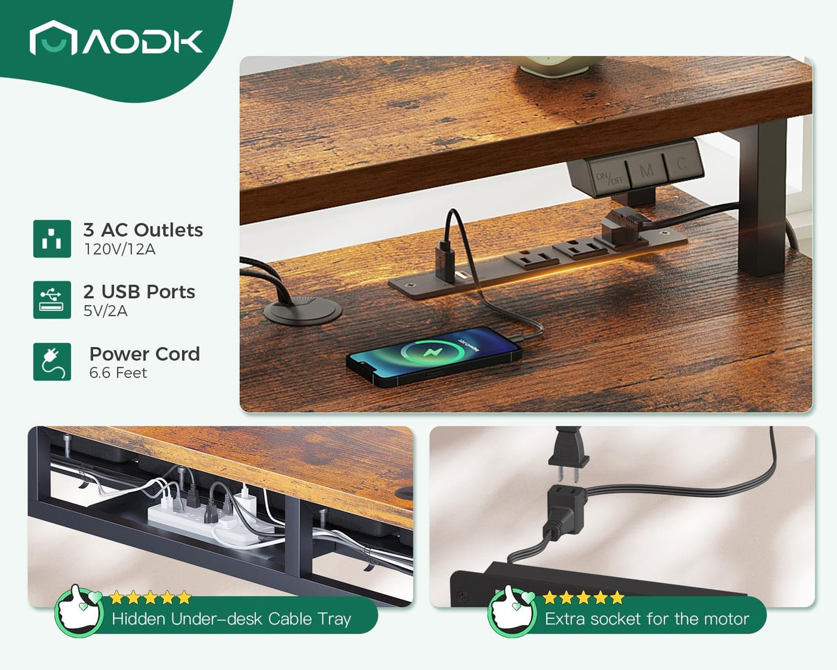 AODK Electric Standing Desk with 2 Drawers & Keyboard Tray and USB & LED Lights, 47inch Rustic Brown, Height Adjustable Desk with Power Outlets & LED Lights, Stand Up Desk with Monitor Shelf AODK