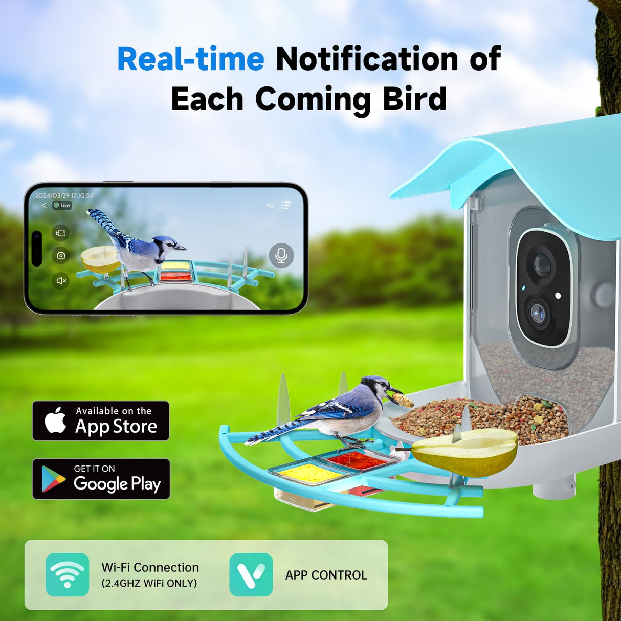 DOCOON Smart Bird Feeder with Camera, 2K HD AI Identify Birds Species, Bird Watching Camera with Solar Panel, Auto Capture Bird Videos & Instant Notifications, Ideal Present for Bird Lover, Blue DOCOON