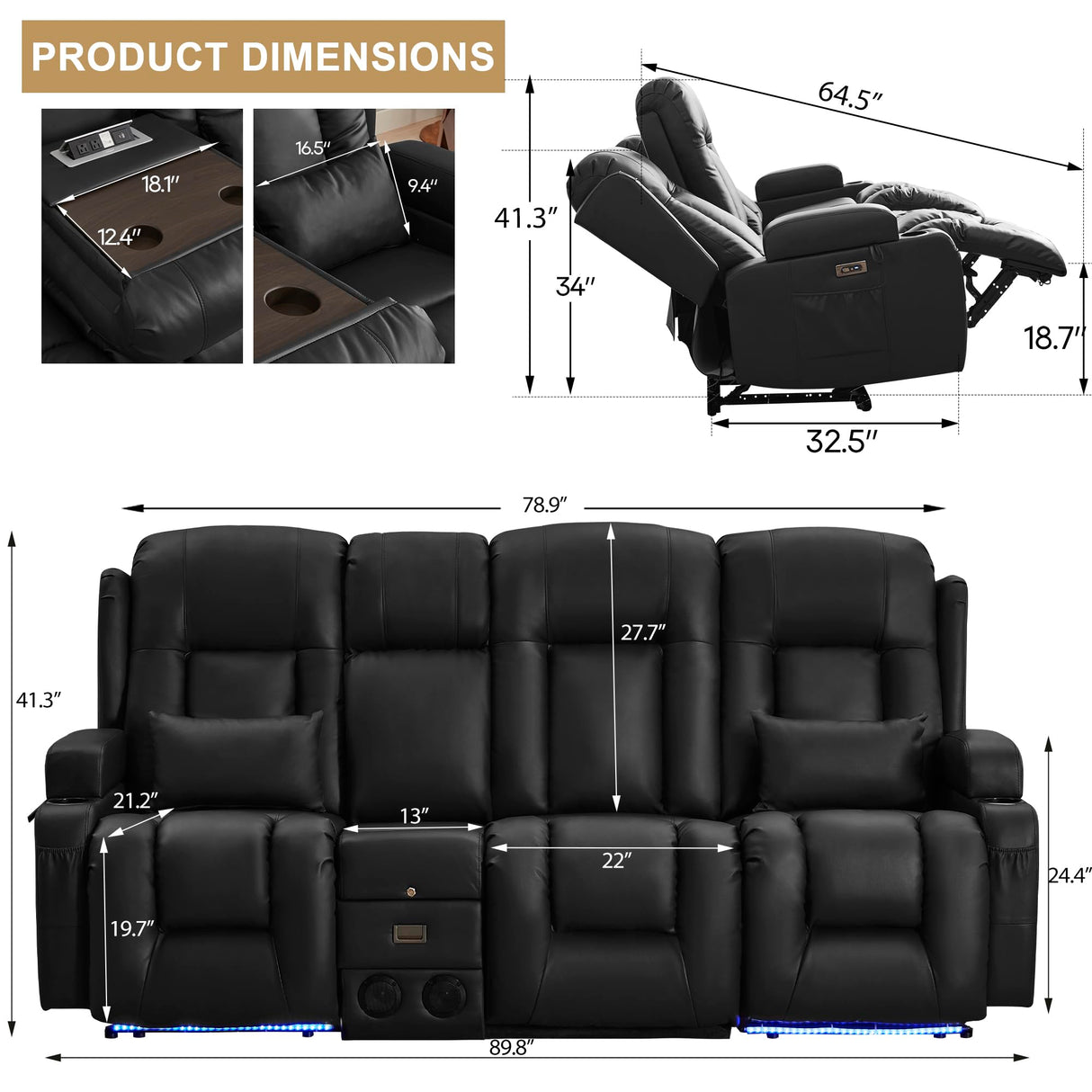 URRED Loveseat Recliner Sofa with Massage and Heat, Power Reclining Loveseat Sofa RV Couch with Console and Middle Seat, 3-Seater Home Theater Seating with LED Lights, Faux Leather, Black URRED