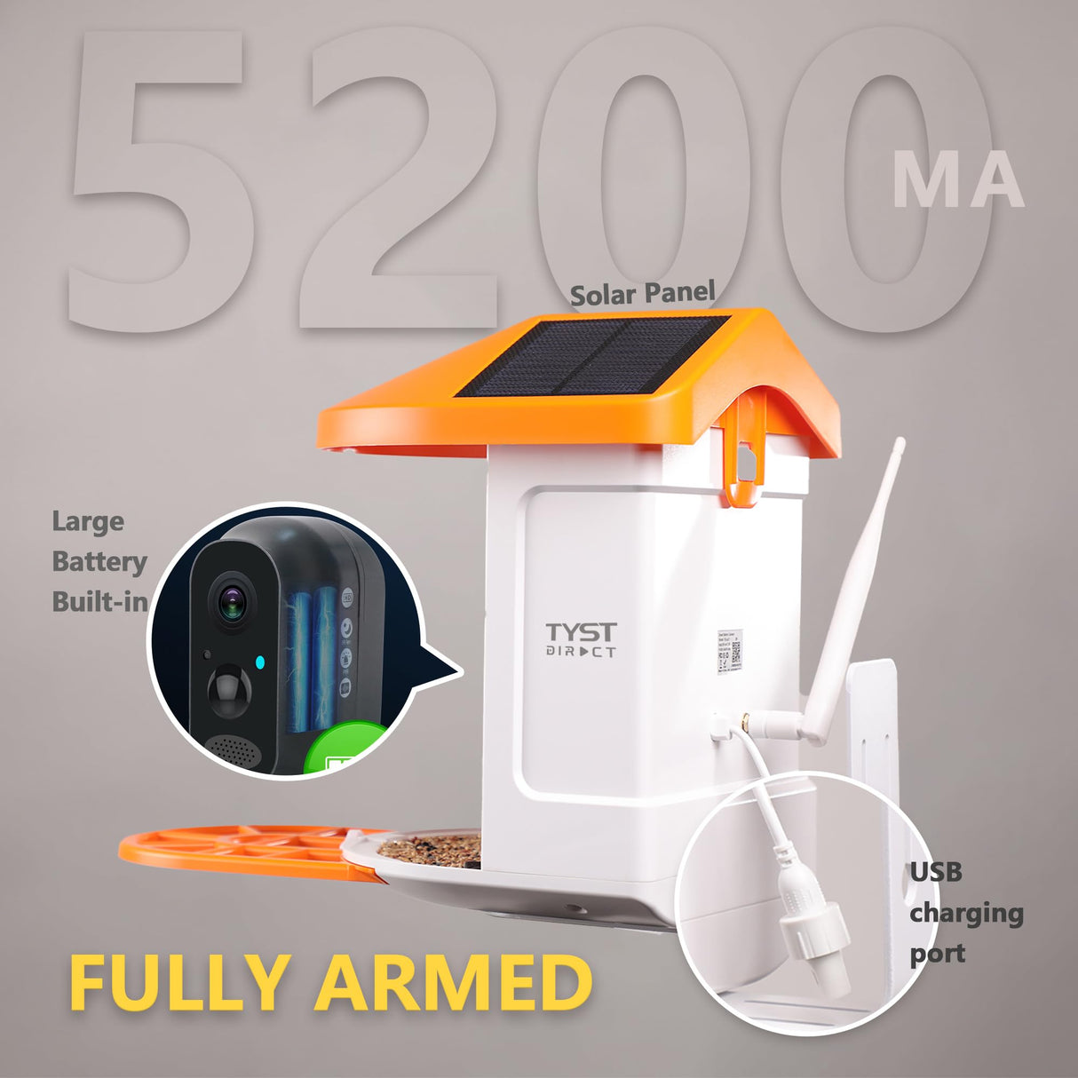 Smart Bird Feeder with Camera Solar Powered, AI Recognition,Auto-Record HD Bird Feeder Camera for Bird Watching TYSTDIRCT