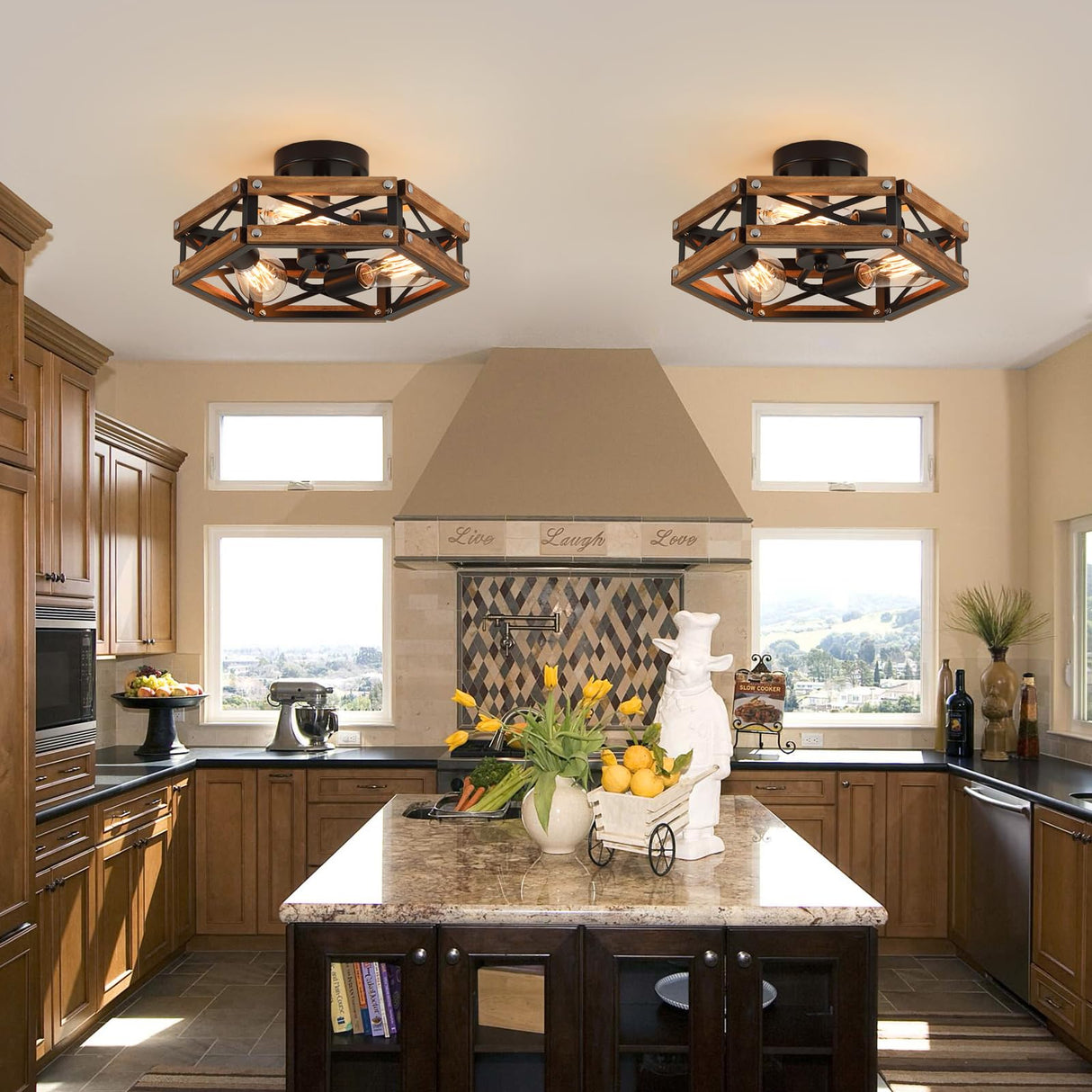 2 Pack 3-Light Rustic Farmhouse Wood Flush Mount Ceiling Light Fixture Oak Wood and Metal Cage Semi Flush Mount Ceiling Light for Hallway Hall Entry Bedroom Kitchen Farmhouse, Black RKUCSR