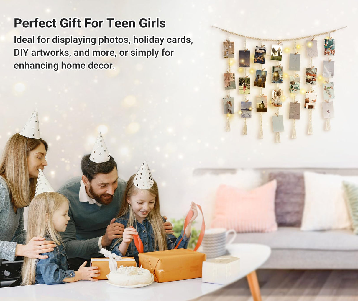 Mkono Macrame Hanging Photo Display Wall Decor with String Lights, Boho Wooden Beads Garland Collage Picture Card Frame Holder with 45 Clips for Bedroom Living Room Dorm, Teen Girls Christmas Gifts Mkono