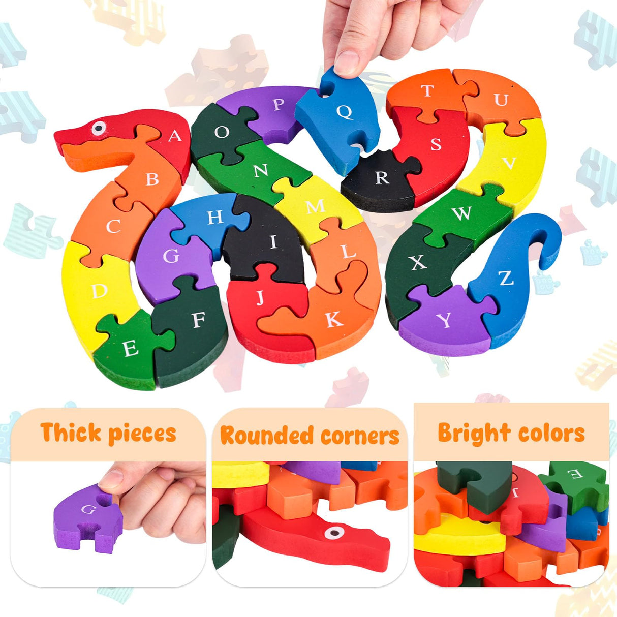 LOVESTOWN Alphabet Jigsaw Puzzle, Building Blocks Animal Wooden Puzzle, Wooden Snake Letters Numbers Block Toys for Kids Birthday Gifts LovesTown