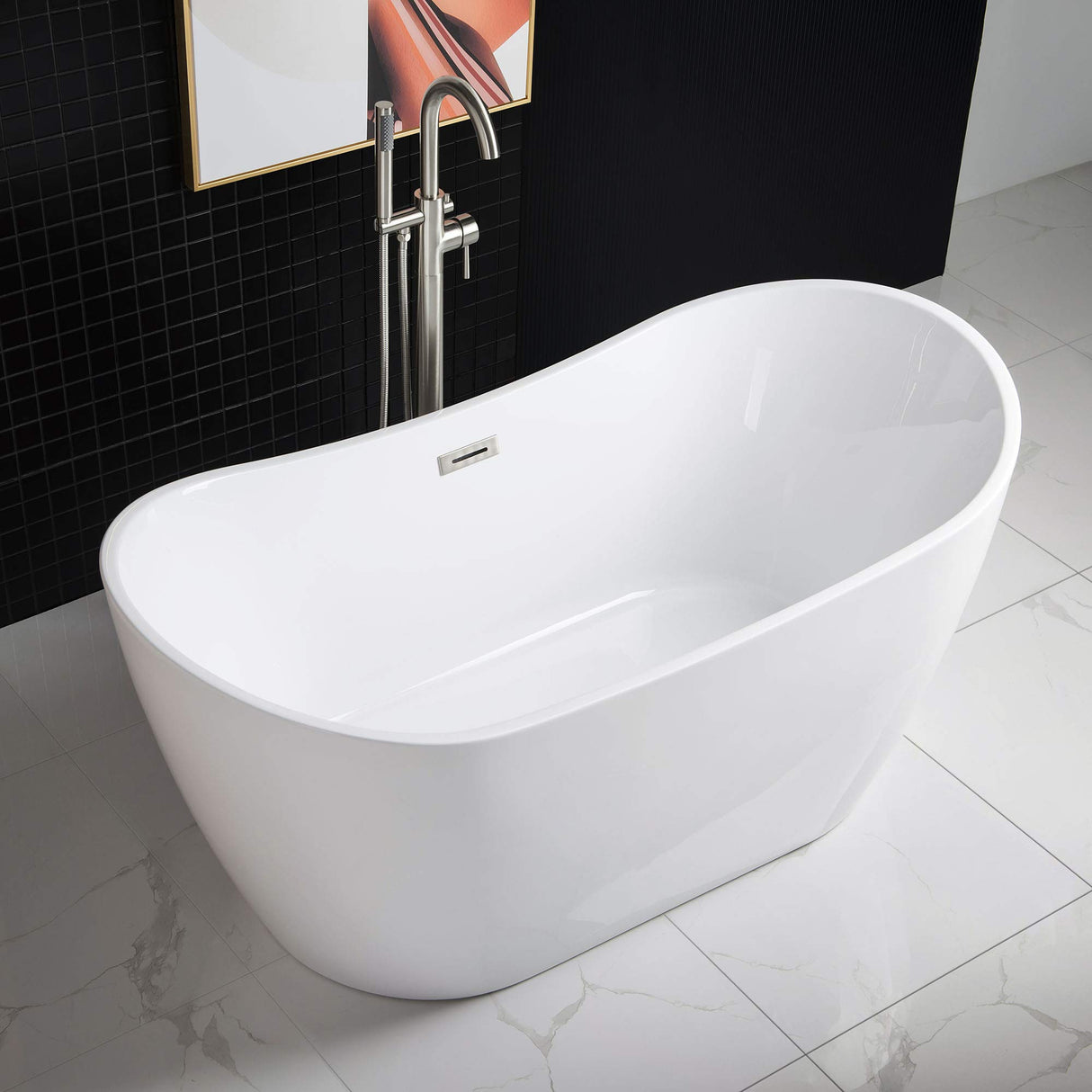 WOODBRIDGE 59" Acrylic Freestanding Bathtub Contemporary Soaking Tub with Brushed Nickel Overflow and Drain B-0016 -B/N-Drain &O WOODBRIDGE