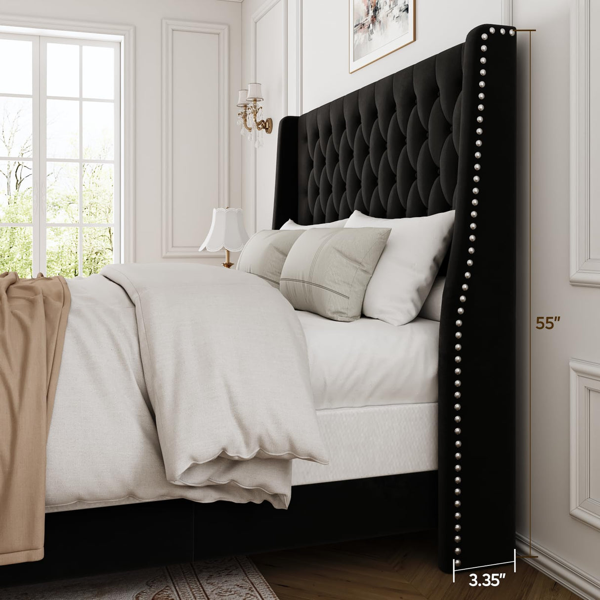 SEREINEY Full Bed Frame with 55" Tall Headboard, Upholstered Bed Frames, Soft Fabric, Button Tufted Headboard with Windback, Platform Bed, Noise-Free, No Box Spring Needed, Black SEREINEY