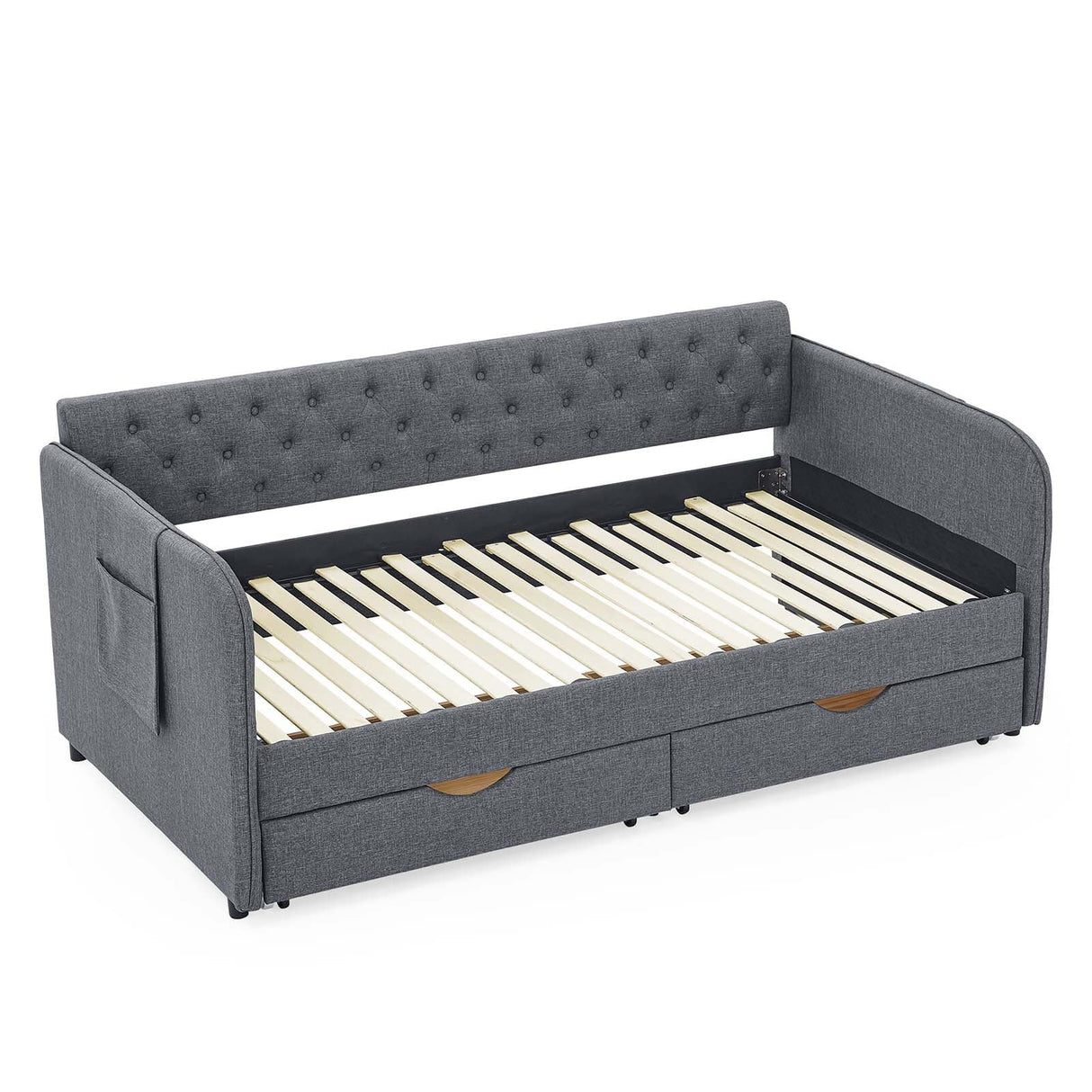 Antetek 80.5" Daybed with Drawer, Modern Button Tufted Linen Day Bed with Trundle Bed Twin to King, Upholstered Daybed Frame w/Storage Pocket for Bedroom, Living Room, No Box Spring Needed, Dark Grey Antetek