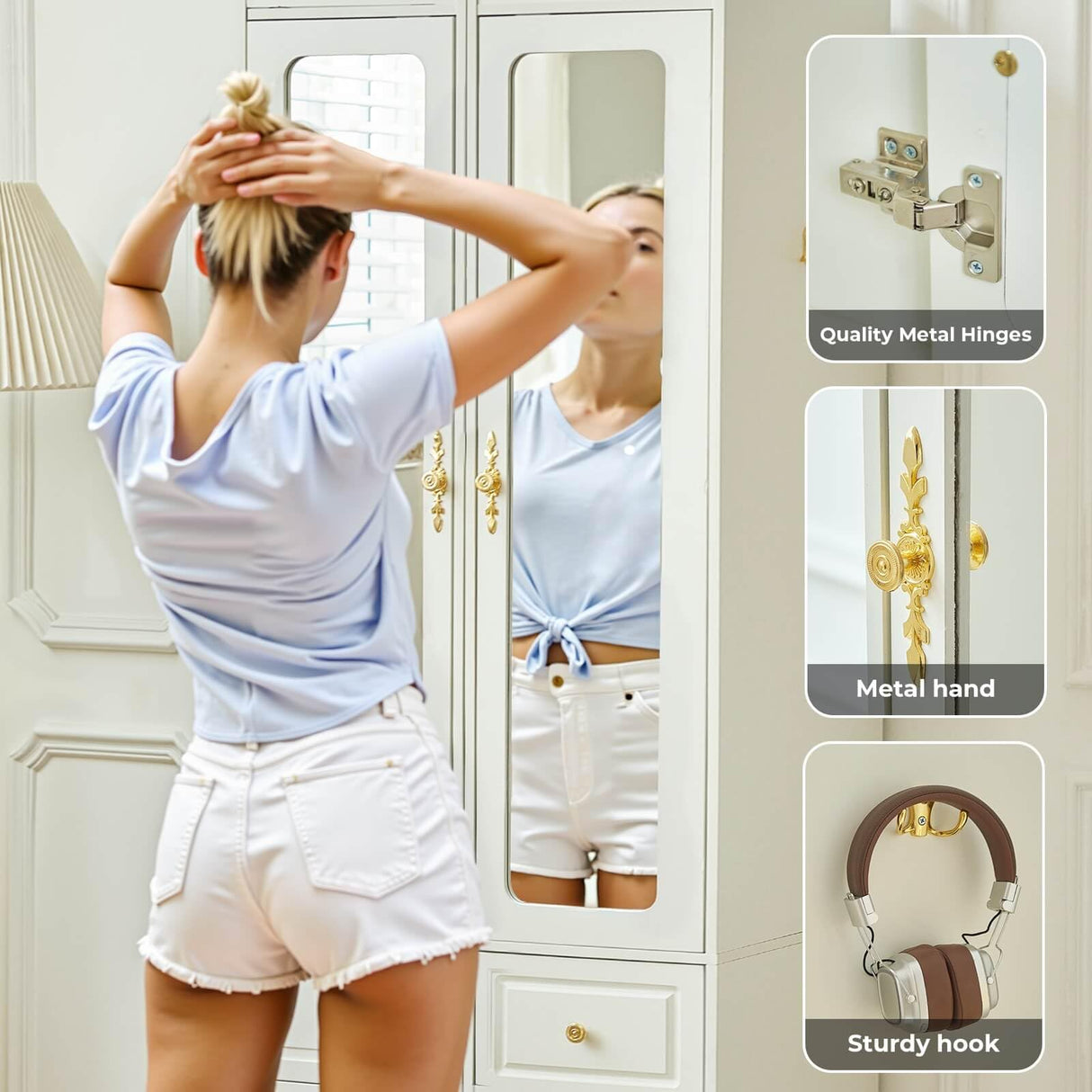 JanflyHome Armoire Wardrobe Closet, White Bedroom Armoires Cabinet with Mirror Door and 3 Drawers, 69.5" H Clothing Storage Cabinet with Hanging Rod & Sensor Light for Bedroom-Right JanflyHome