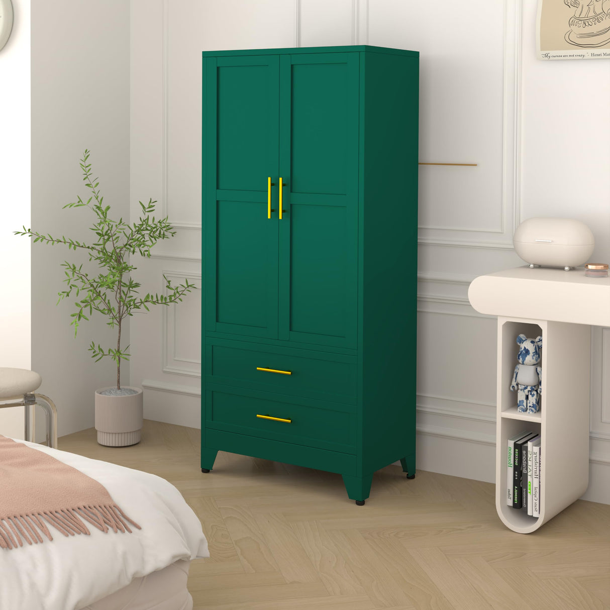 Metal Wardrobe Closet with 2 Doors & 2 Drawers, 71" Tall Armoire Wardrobe Closet with Hanging Rods and Adjustable Shelf, Steel Wardrobe Storage Cabinet for Bedroom-Green winiowa