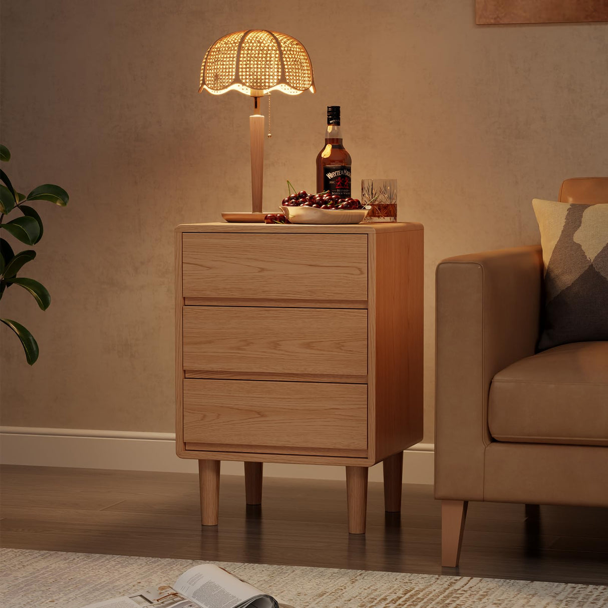 Tall Nightstand with 3 Drawer Natural Wood Nightstand,Solid Wood Nightstand,Mid Century Modern Nightstand Side Table,Modern Wood Night Stand End Table,Wooden Bedside Table for Bedroom,Living Room AnywaysWood