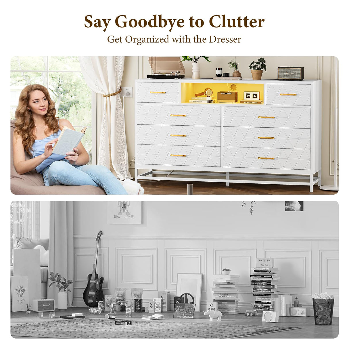 Patikuin White Dresser for Bedroom, 8 Drawer Dresser with Power Outlet, 55" Tv Stand Large Dresser Wooden with Led Light, Modern Dressers with Deep Drawers, Big Wide Chest of Drawers Storage Dresser Patikuin