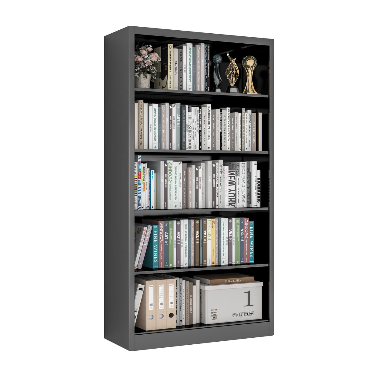 RGGCABINET 5 Tier Metal Bookshelf, 66" Tall Bookcase, Adjustable Book Shelves, Modern Black Book Shelf Storage Shelves for Bedroom, Living Room, Office, Library, Classroom, School RGGCABINET