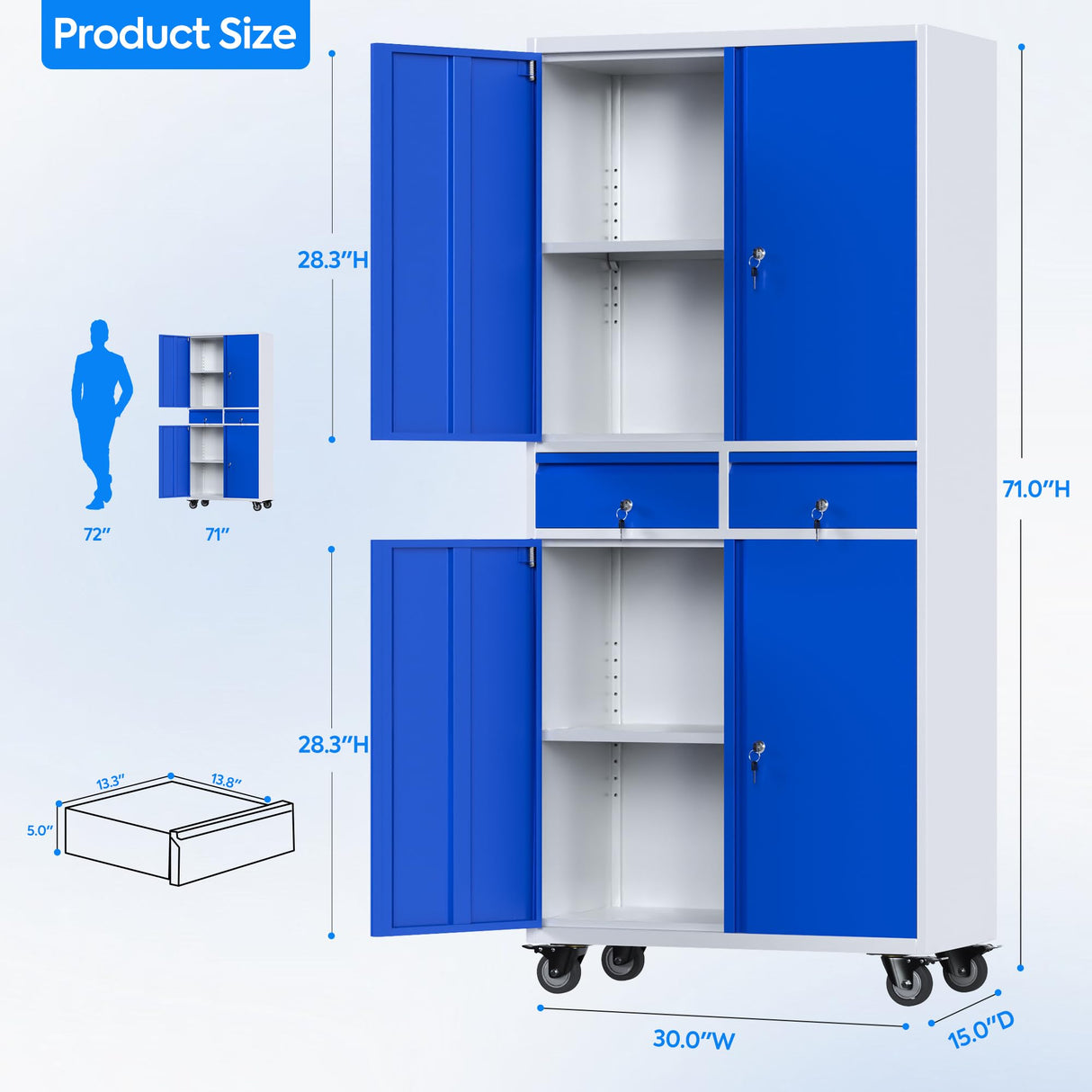 METAN 71" H 2 Drawer Metal Storage Cabinet with Locking Doors,Steel Rolling Tool Storage Cabinet with 2 Adjustable Shelves for Garage,Home, Office, Kitchen Assembly Required (Grey Blue) METAN