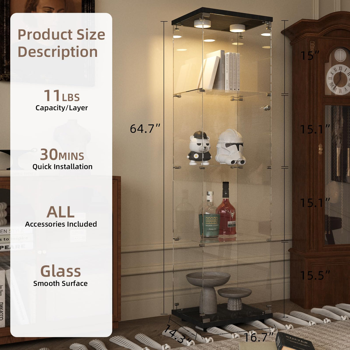 Beauty4U Glass Display Cabinet with Light, 4 Shelves, Curio Cabinets for Living Room, Bedroom, Office, Black Floor Standing Glass Bookshelf, Quick Installation Beauty4U