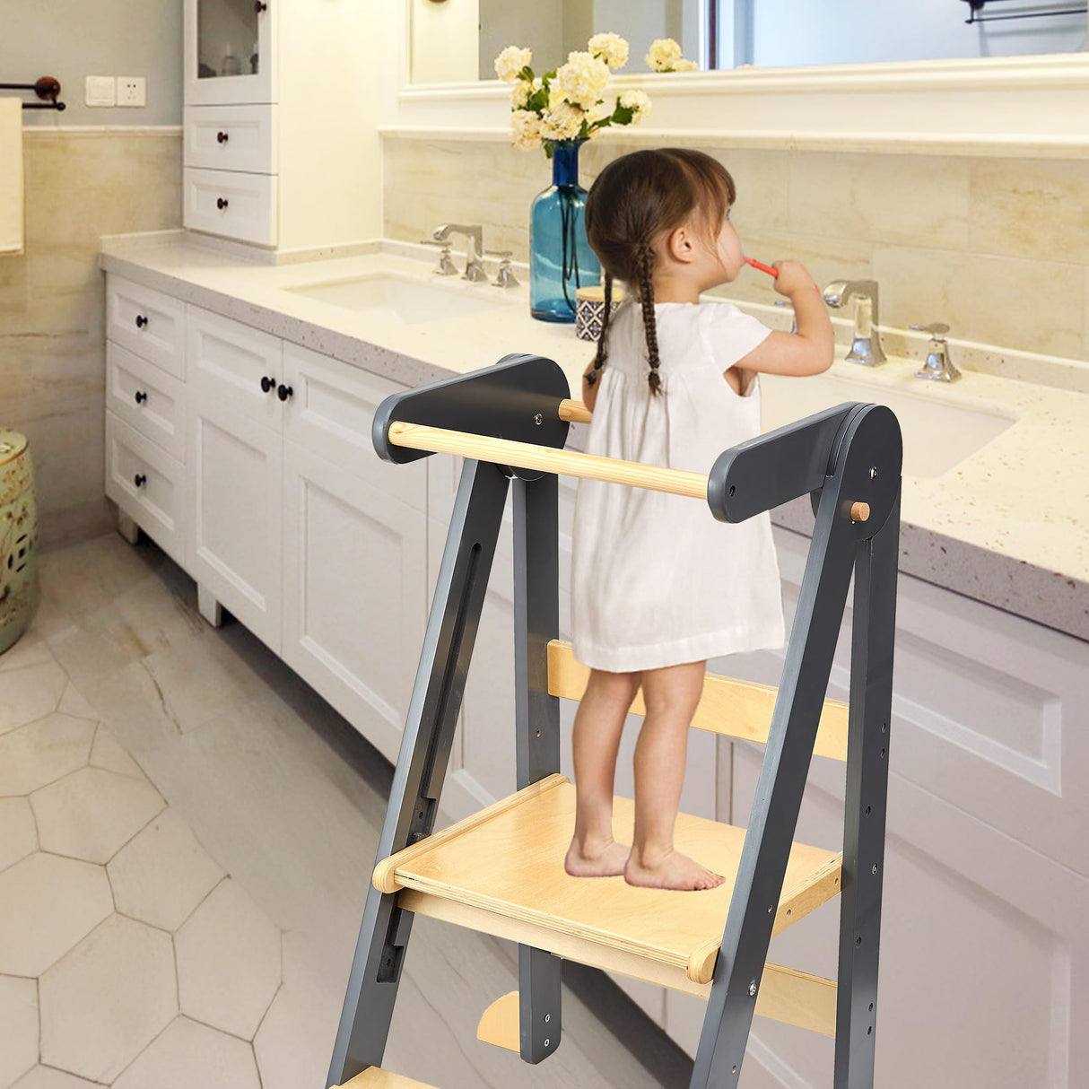 TDKDHoming Foldable Toddler Tower Preassembled Kitchen Stool, Folding Tower for Learning with 3 Adjustable Heights Montessori Toddler Standing Tower Collapsible Step Stool for Kids 1-6y Natural TDKDHoming