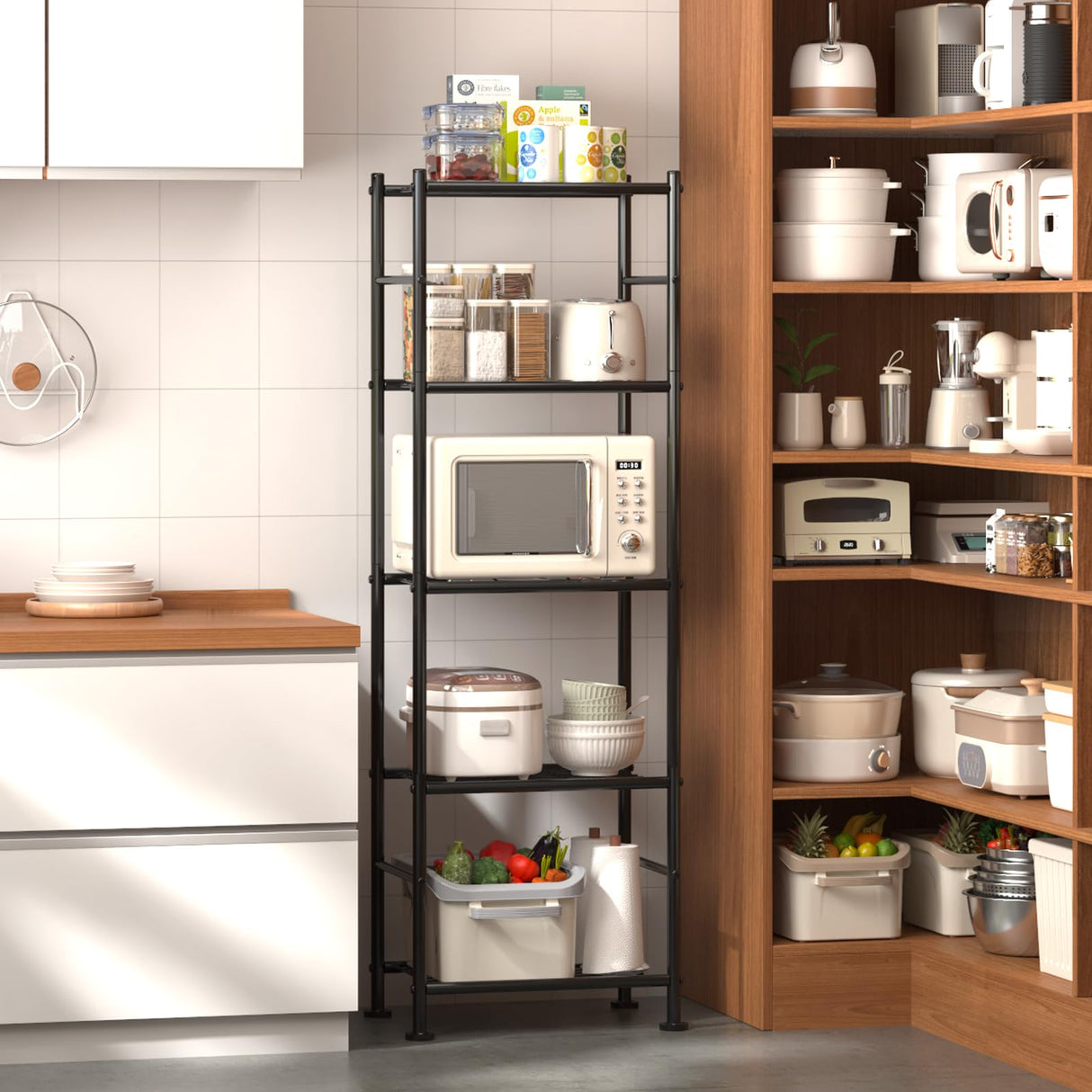 Sakugi Storage Shelves - Set of 2, 5-Tier Metal Shelf Organizer, Space-Saving Garage Shelving with Leveling Feet, Standing Shelves Organizer for Kitchen, Laundry, Pantry (18.4" x 12.6" x 57.4", Black) Sakugi