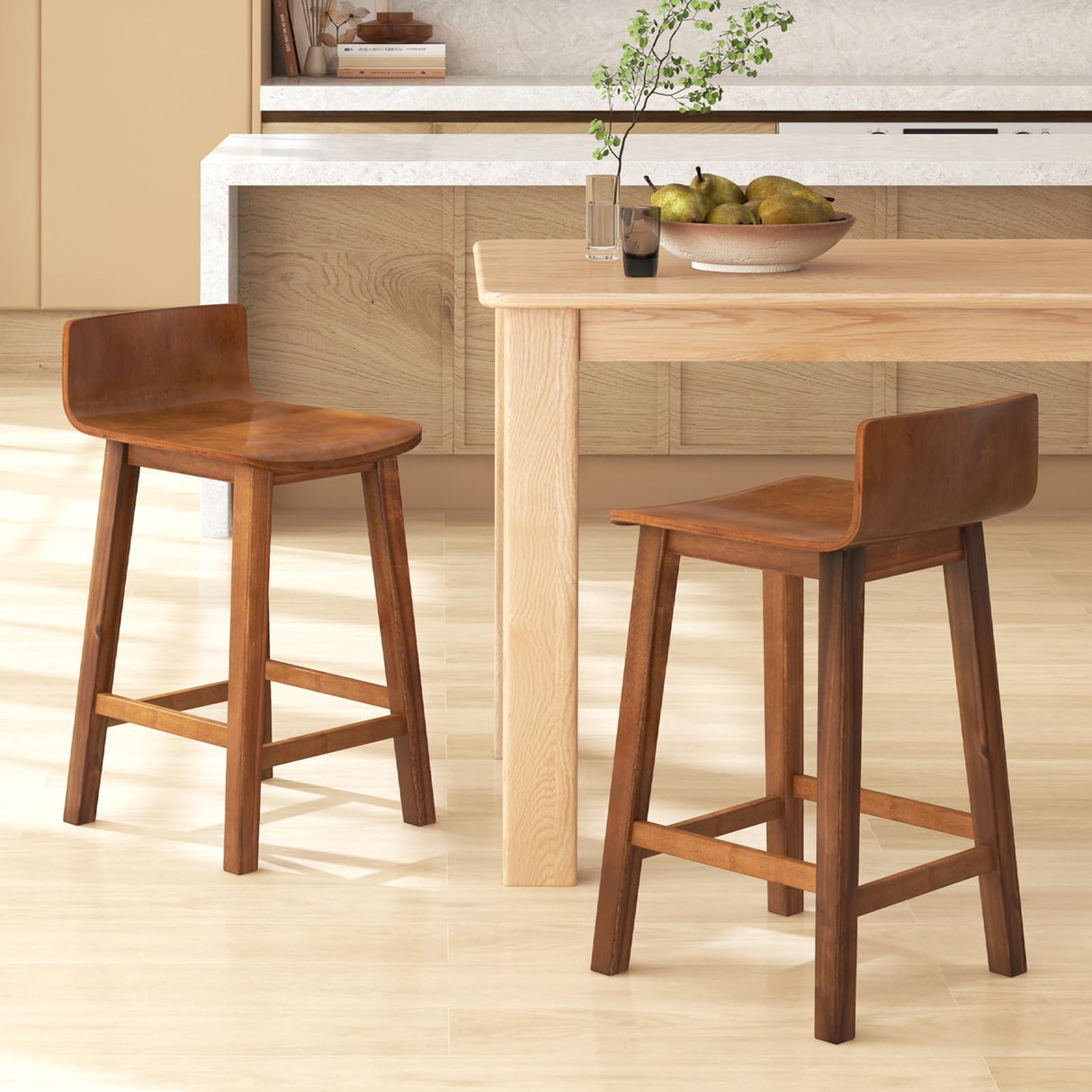 COSTWAY Solid Wood Bar Stools Set of 2, 24.5-inch Counter Height Chairs with Low Back and Footrest, Farmhouse Wooden Armless barstools for Kitchen Island, Dining Room, Cafe, Breakfast, Brown COSTWAY