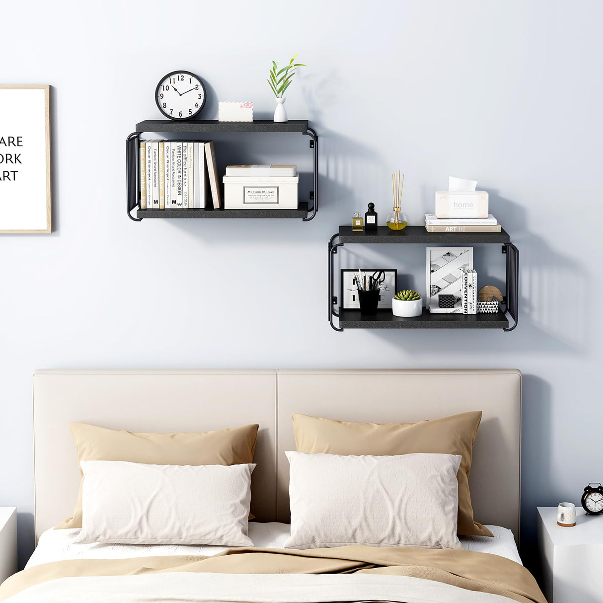 MXCSE Floating Nightstand Shelves, Modern Night Stand for Bedroom, Wood Floating Shelf for Wall, Nightstand Bedside Table, Mid Century Wall Shelves for Living Room, Bedroom (2, Black) MXCSE