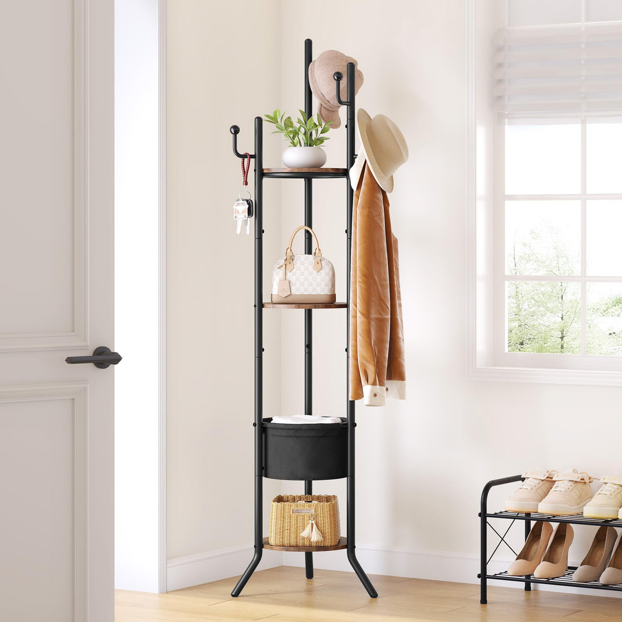 Hoctieon Coat Rack Freestanding, Round Coat Rack with 3 Wooden Shelves and 1 Fabric Basket, Metal Clothes Tree with 5 Hooks, Coat Hanger Stand for Clothes, Hats, Bags, Brown and Black Hoctieon