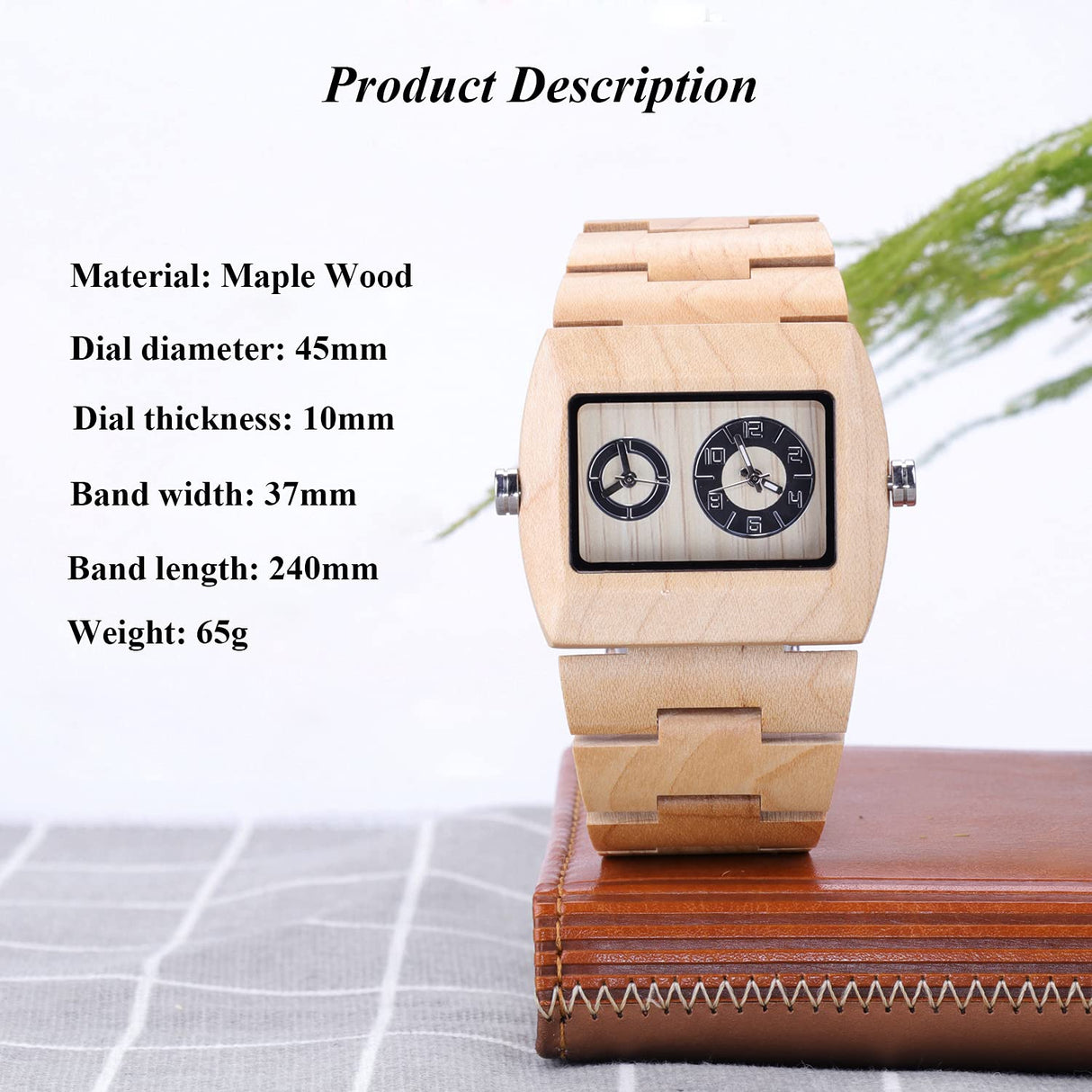 BEWELL Wooden Watch, Square Dial Dual Time Display Quartz Wood Watches for Men BEWELL