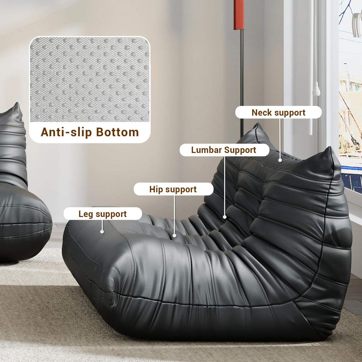 Comfy Lazy Floor Sofa Couch,Bean Bag Chairs,Soft Armless Fireside Chair,Faux Leather Lounge Chair,Corner Relax Couch for Living Room Bedroom,Salon Office,Adults(Black+3 Seat Generic