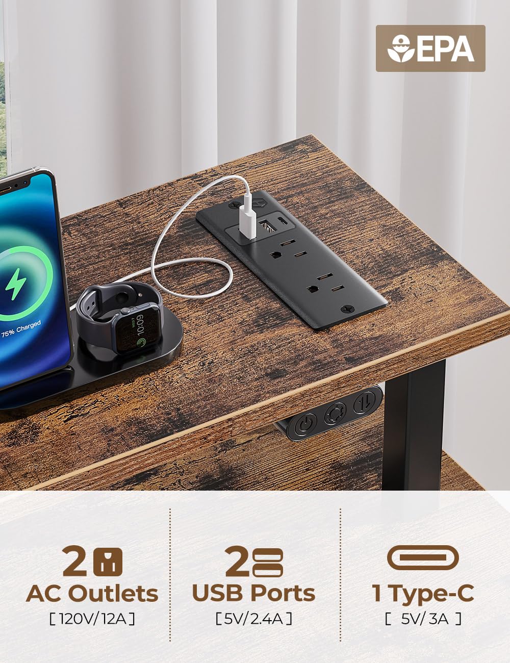 Rolanstar Computer Desk with Power Outlets & LED Light, 39 inch Home Office Desk with 3 Drawers and Storage Shelves, Writing Desk with Monitor Stand, Work Desk for Home Office,Rustic Brown Rolanstar