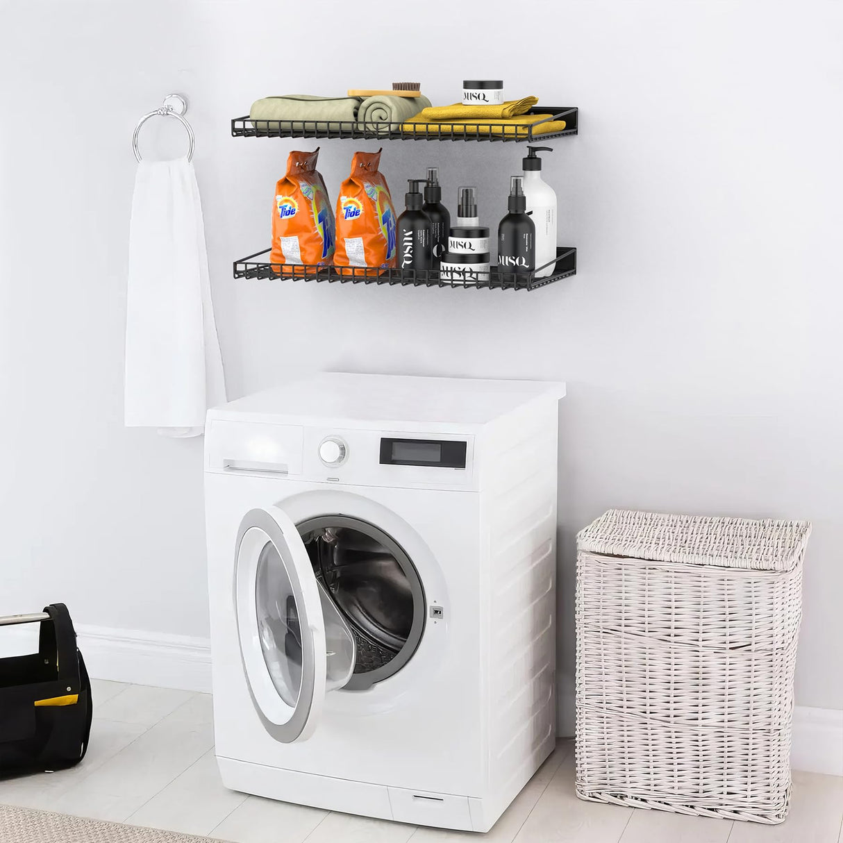 TORACK Wall-Mounted Storage Shelves, Mixed-Size Garage Shelving for Closet & Laundry Room, Heavy-Duty Wall Shelf Holds Up to 65 lbs(Black) TORACK