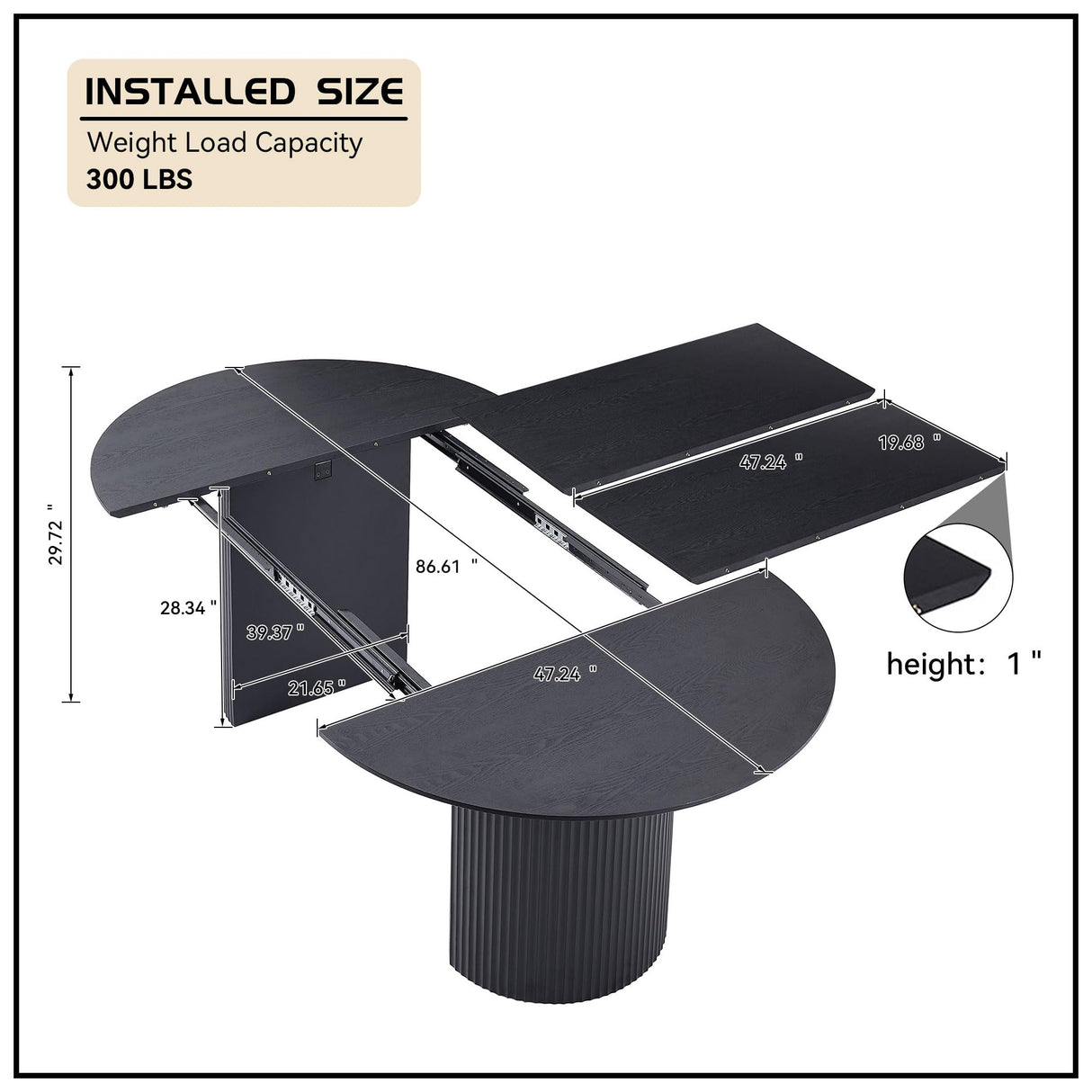Dining Table, 86.61" to 47.24" Expandable Table for 4 to 8, Modern Extendable Kitchen Table, Round to Large Oval Solid Wood Table Furniture for Dining Room Kitchen Leisure Living Room Apartment, Black HanStrong